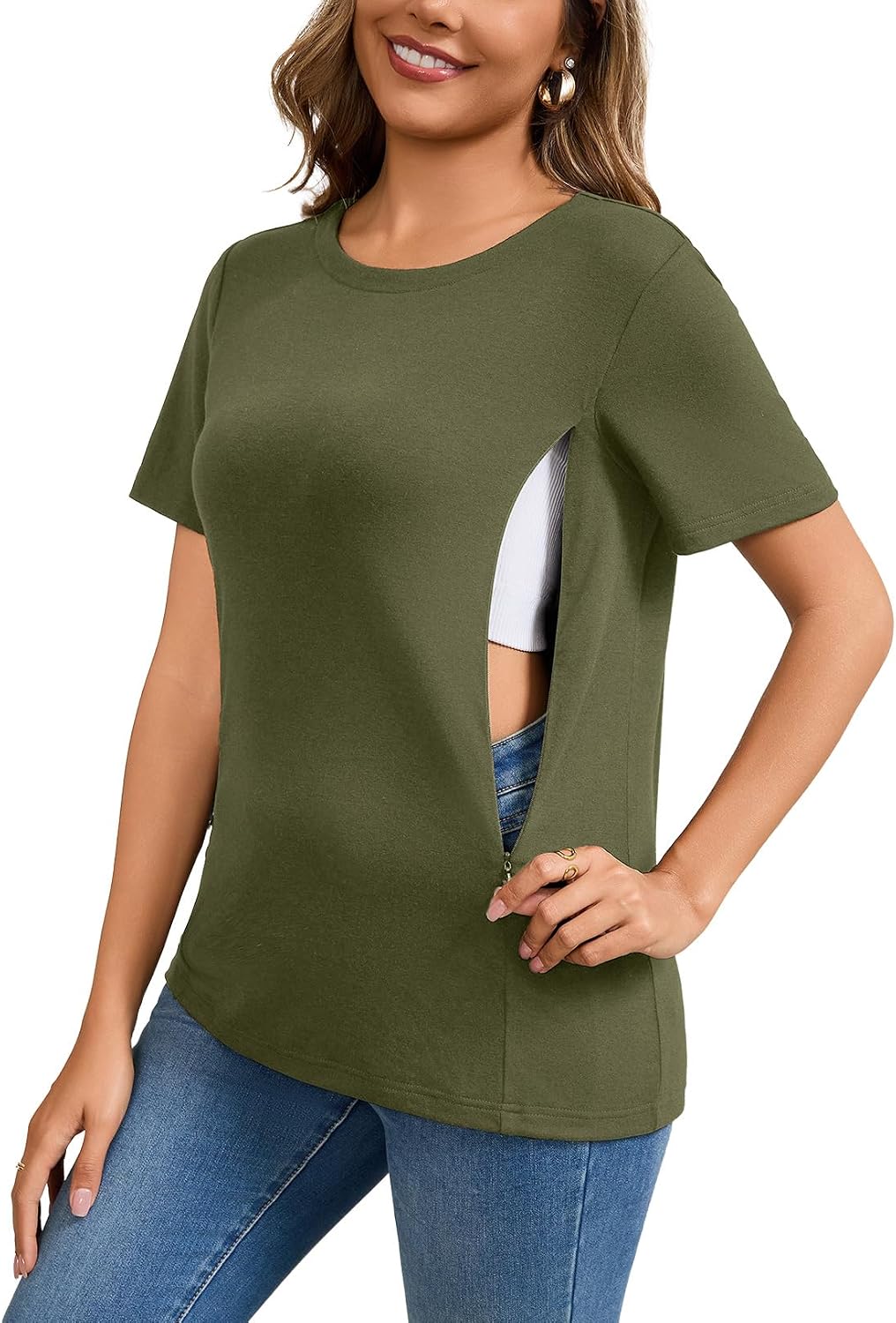 GINKANA Women's Nursing Shirts Short Sleeve Breastfeeding Tshirt with Hidden Zippers Loose Fit Nursing Tops