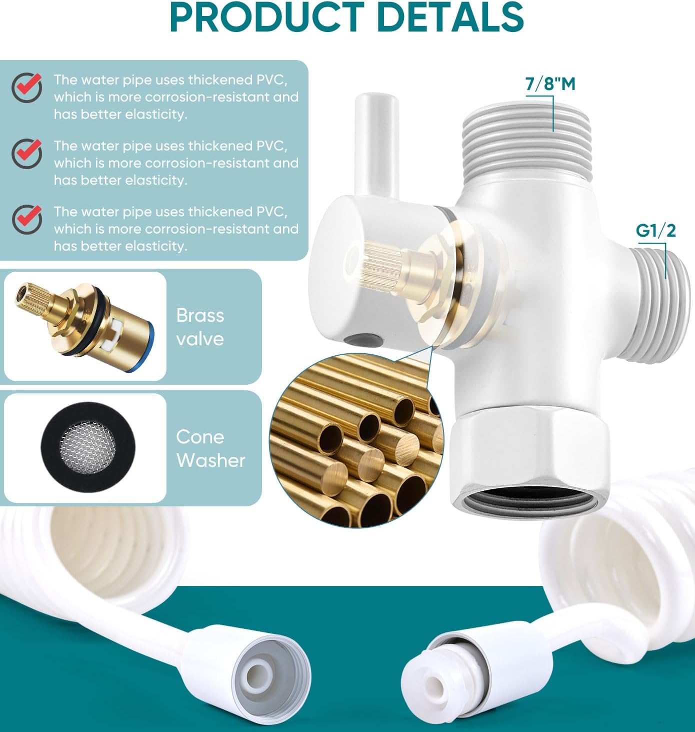 Handheld Bidet Sprayer Kit for Toilet, for Feminine Wash, Bidet Faucet Cloth Diaper, Baby Wash, Pet Wash or Toilet Cleaning, with Spring Type Bidet Hose (White)