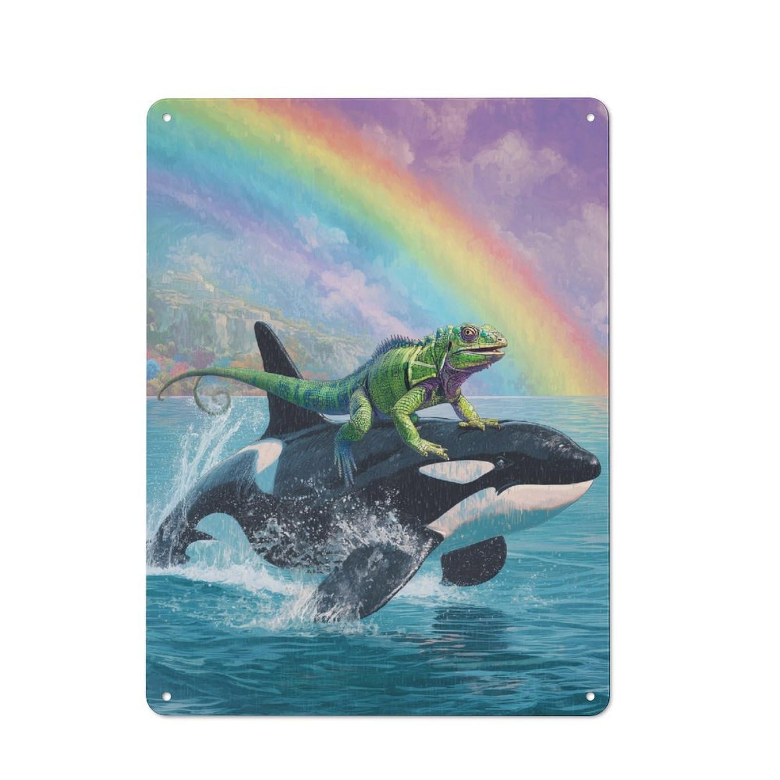 Junmoney Rainbow Lizard On Orca Old Style Metal Wall Decor 40X30cm, Decorative Tin Plaque For Cafe, Pub, Workshop Or Home Bar