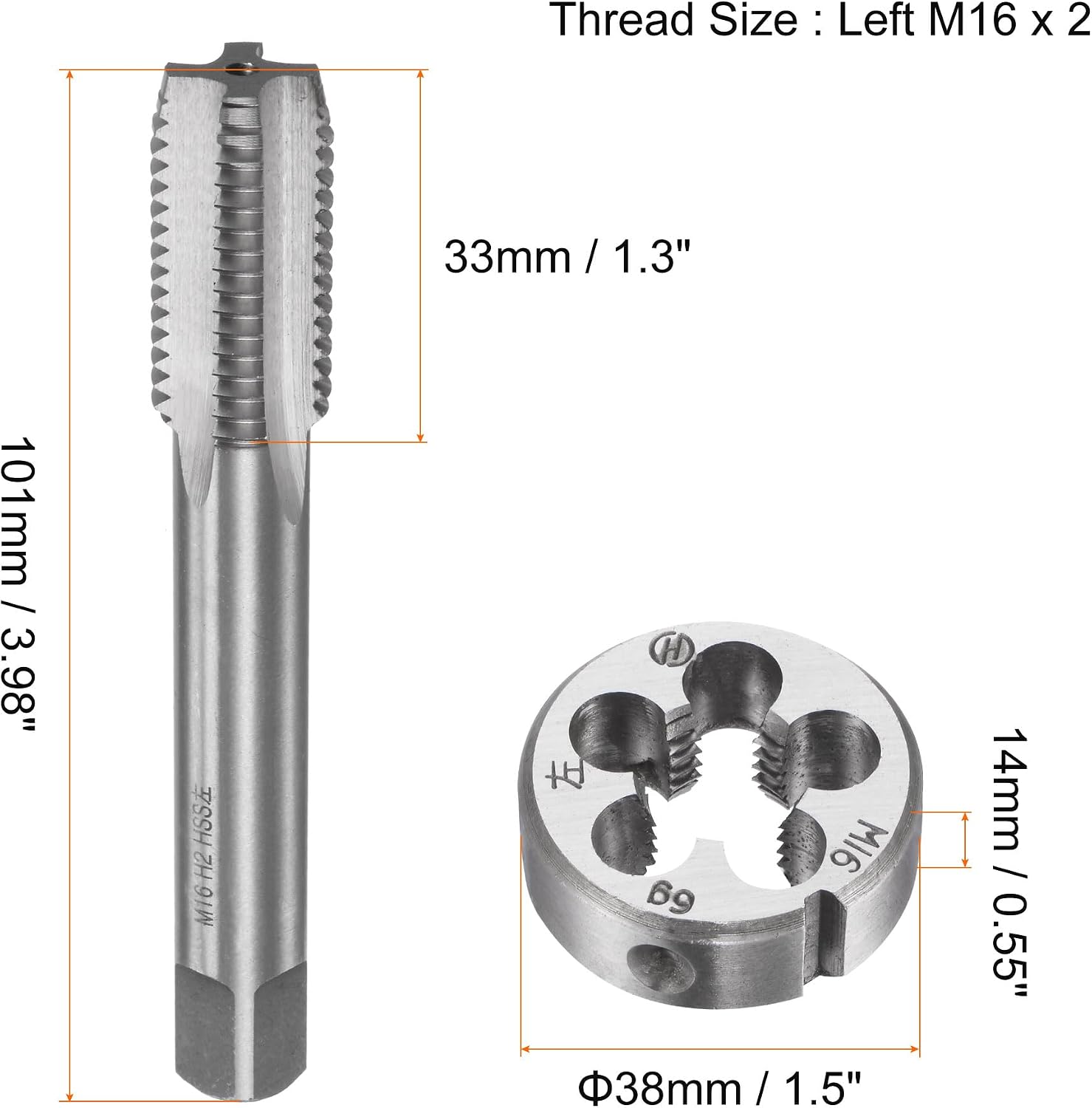 uxcell Tap and Die Sets, M16 x 2 Metric Left Hand Screw Thread Straight Flute Tap with Round Threading Die, Tap & Die Kit for Nut Screw Bolt Thread Repair