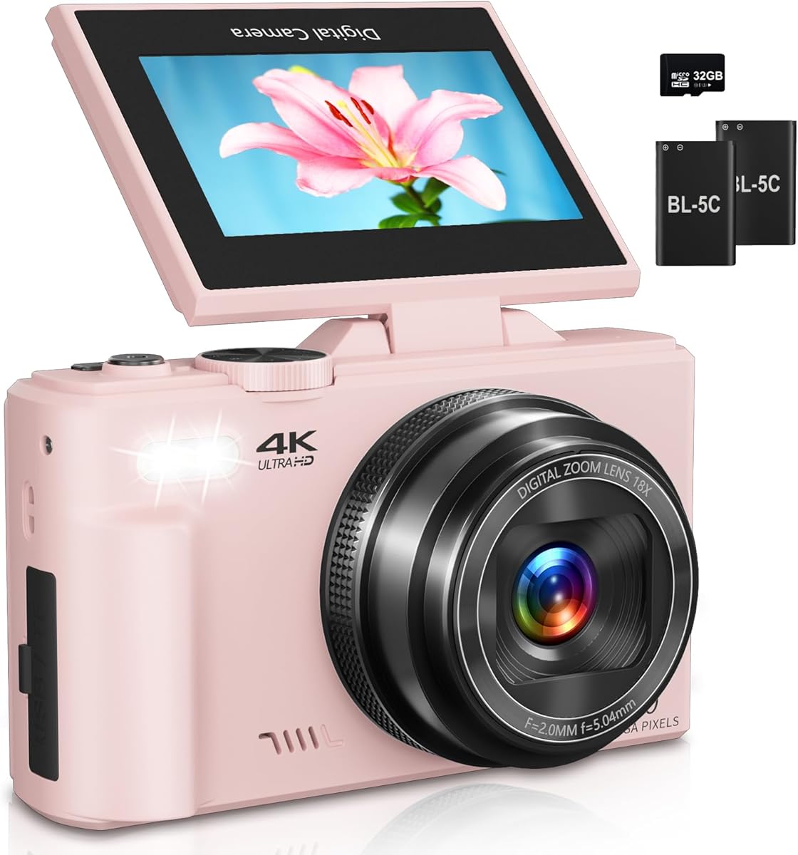 Amazon.com : Digital Camera for Photography, 4K Vlogging Camera for YouTube 3" 180° Flip Screen 18X Digital Zoom Compact Cameras with 32GB TF Card & 2 Batteries, Pink : Electronics
