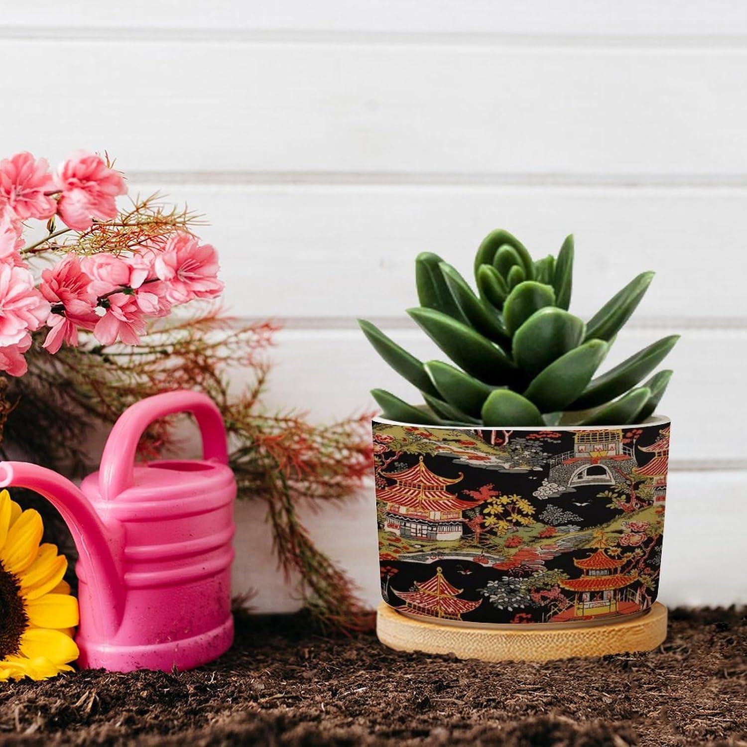 Chinoiserie Coral Asian Ceramic Planters Chinoiserie Chic Asian Snake Plant Live Indoor with Pot with Drainage Holes and Saucers Pot for Succulents Cactus Garden Windowsill