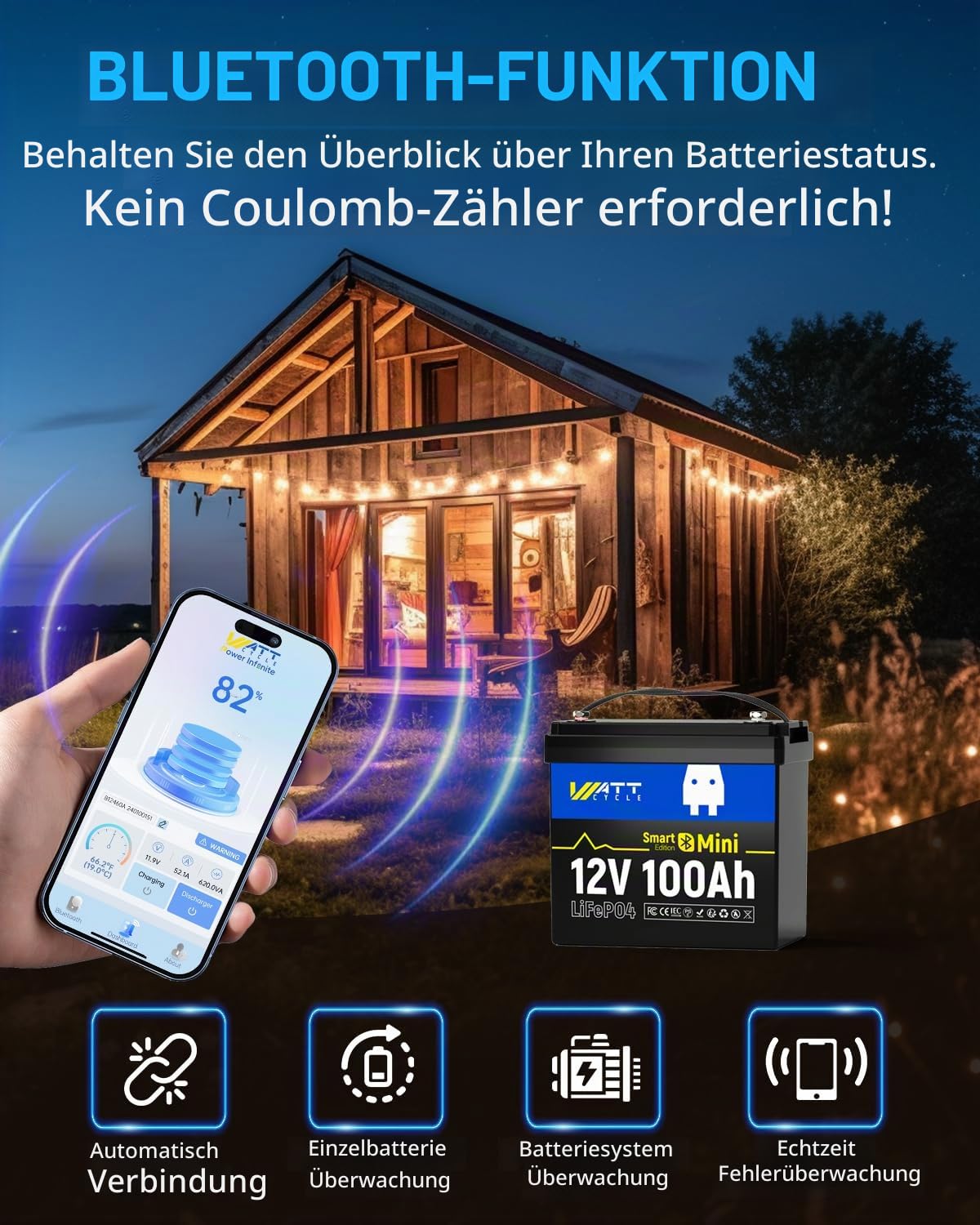 WattCycle 12V 100Ah Mini LiFePO4 Bluetooth, 1280Wh Lithium Batterie 12V | 100A BMS Low Temperature Schutz,und Max. 15000 Zyklens für Wohnmobil,Solaranlage,Wohnwagen