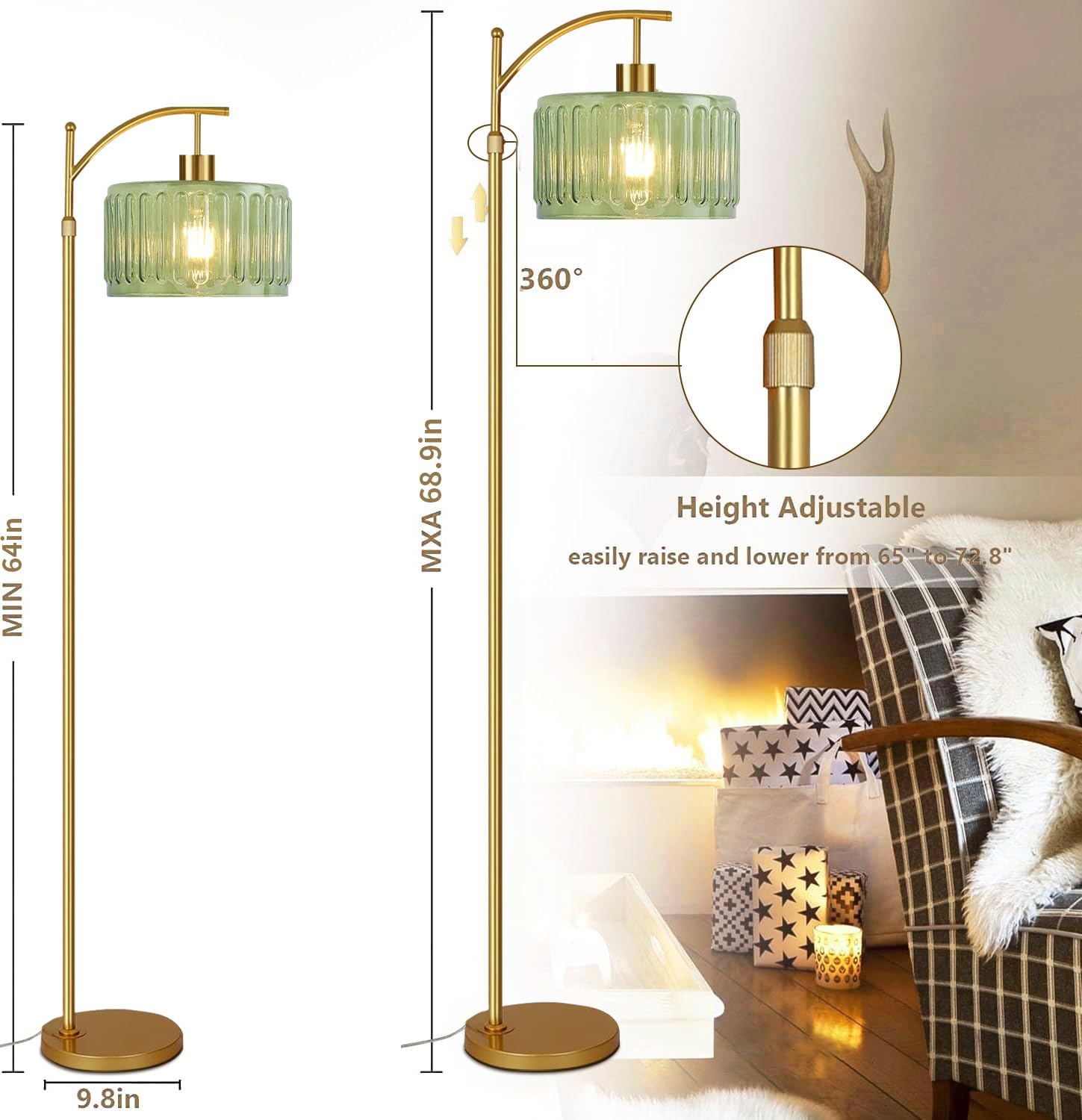 Floor Lamp for Living Room,Bedroom,Gold Dimmable Standing Lamp with Remote,Mid Century Modern Brass Tall Lamp Retro Vintage Glass Lamp Floor Light Boho Bohemian