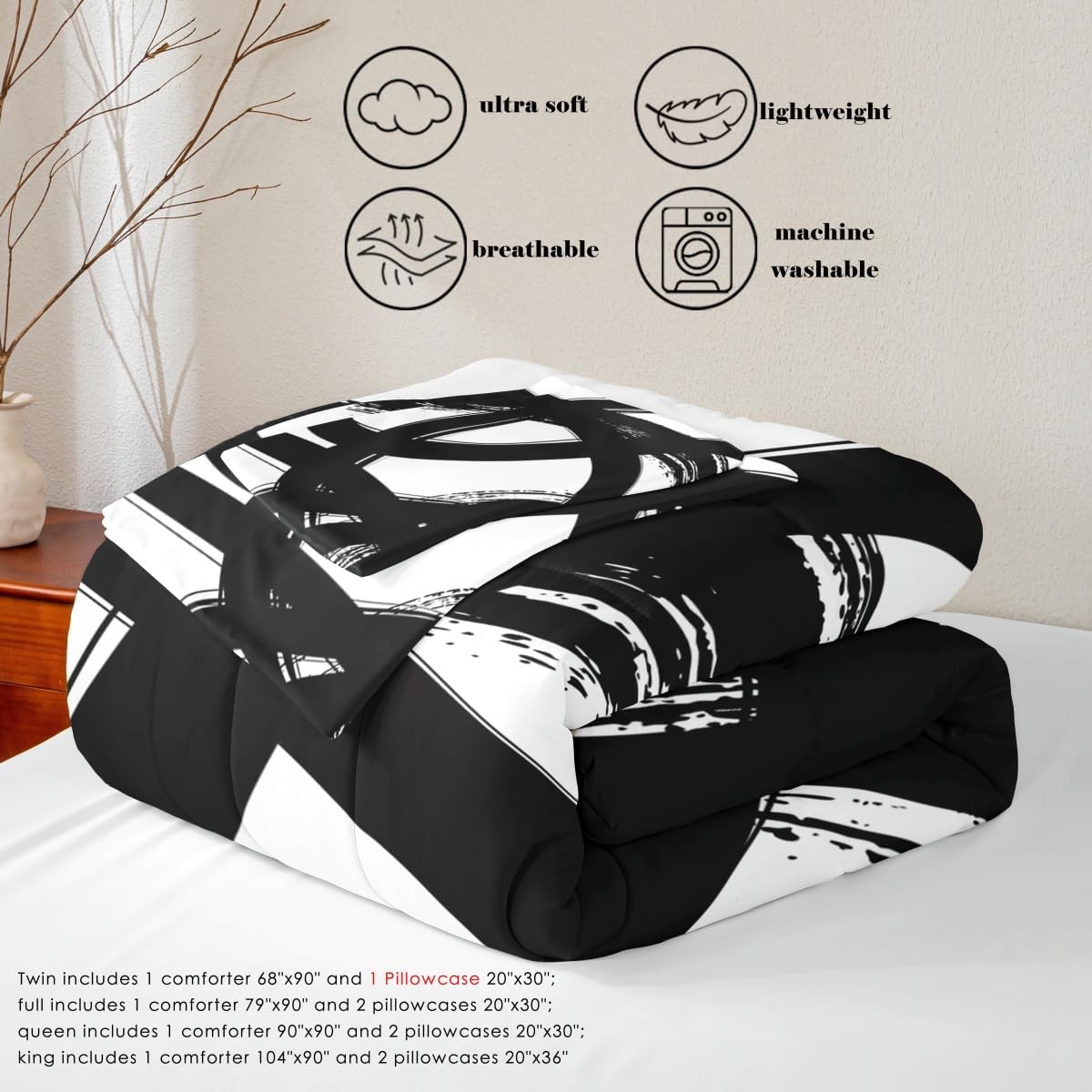 jejeloiu Black and White Comforter Set Twin Size， Abstarct Bedding Set for Kids Boys Girls Modern Stripe Neutral Art Duvet Quilt Bedroom Decor Microfiber 2 Pcs with 1 Pillow Cases