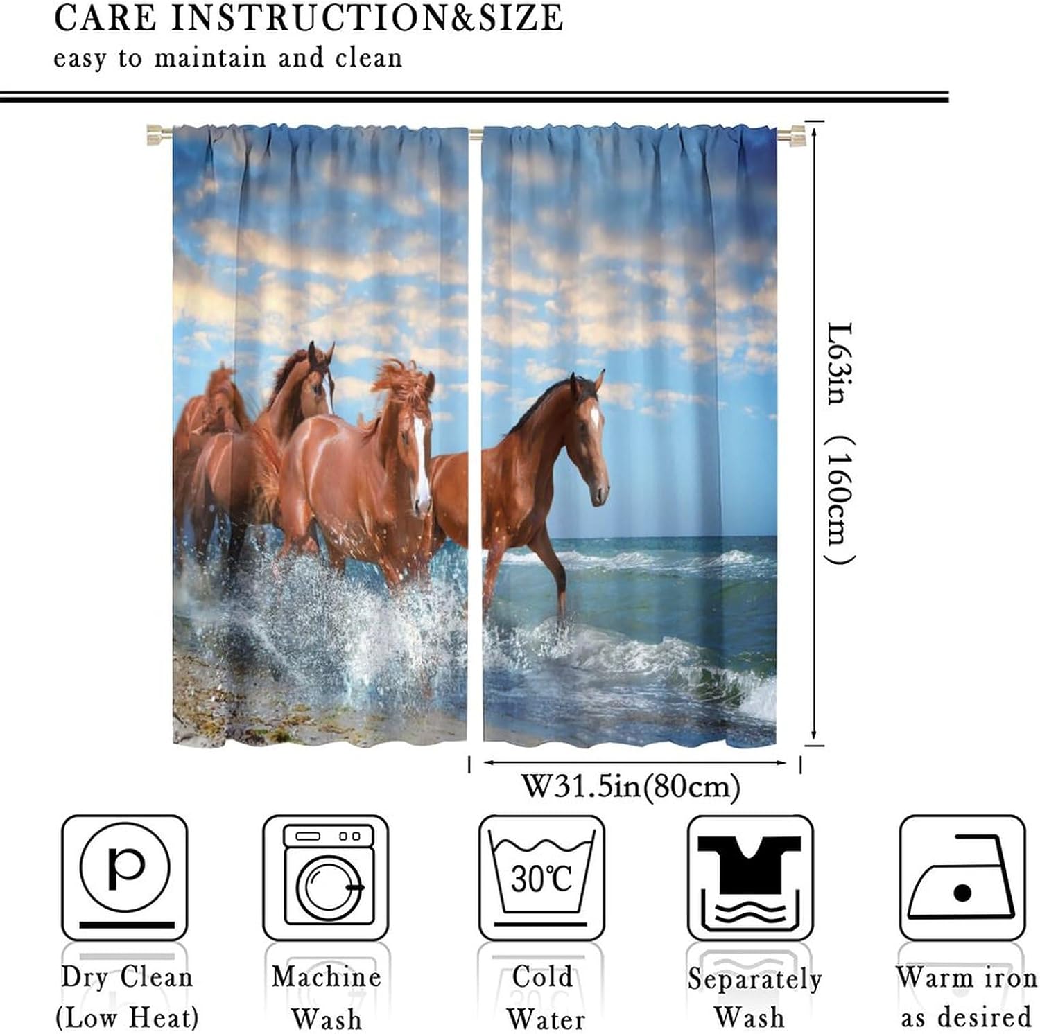 Horse Window Curtain, Rustic Western Theme Blackout Window Drapes Wild Animal Running Galloping Horses Patterned Window Treatment for Bedroom Living Room Farmhouse Decor 2 Panel Sets,63x63 Inch