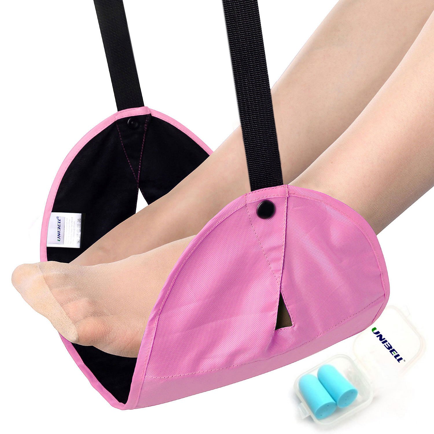 Keasy Portable Travel Footrest + Complimentary Gift UNIBELL Noise-proofing earplugs/Ultralight & Easy Setup,for Airplane&Train&Buses&Office&Home! (Sweet Pink)