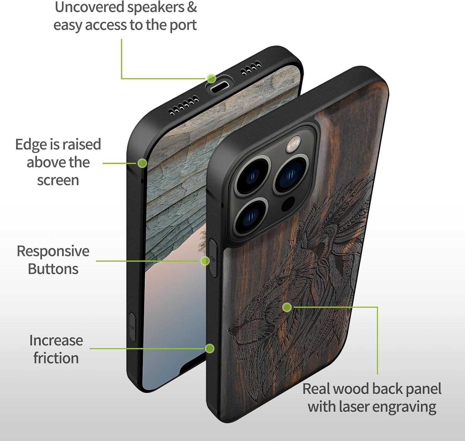 Carveit Magnetic Wood Case for iPhone 13 Pro Max [Hard Real Wood & Black Soft TPU] Unique & Classy Wooden Shockproof Protective Cover Compatible with MagSafe (Hand Drawn of Lion -Blackwood)
