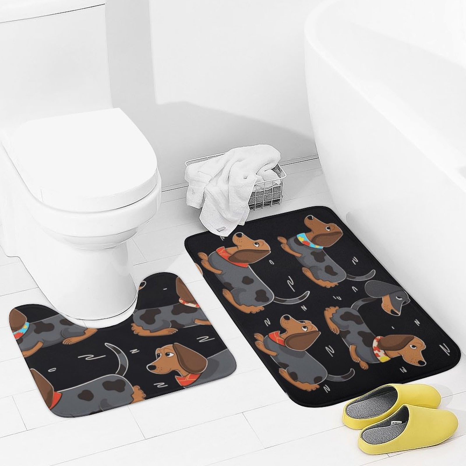 Tapis de bain motif teckels pour décorer votre salle de bain avec un lot de 2 absorbant