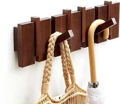 Wood Wall Mounted Coat Rack, Flip Down Wall-Mount Hook Racks with 6 Hooks, Entryway Hanger Art Hook for Hanging Coats Keys Hats Towels Bags, Walnut