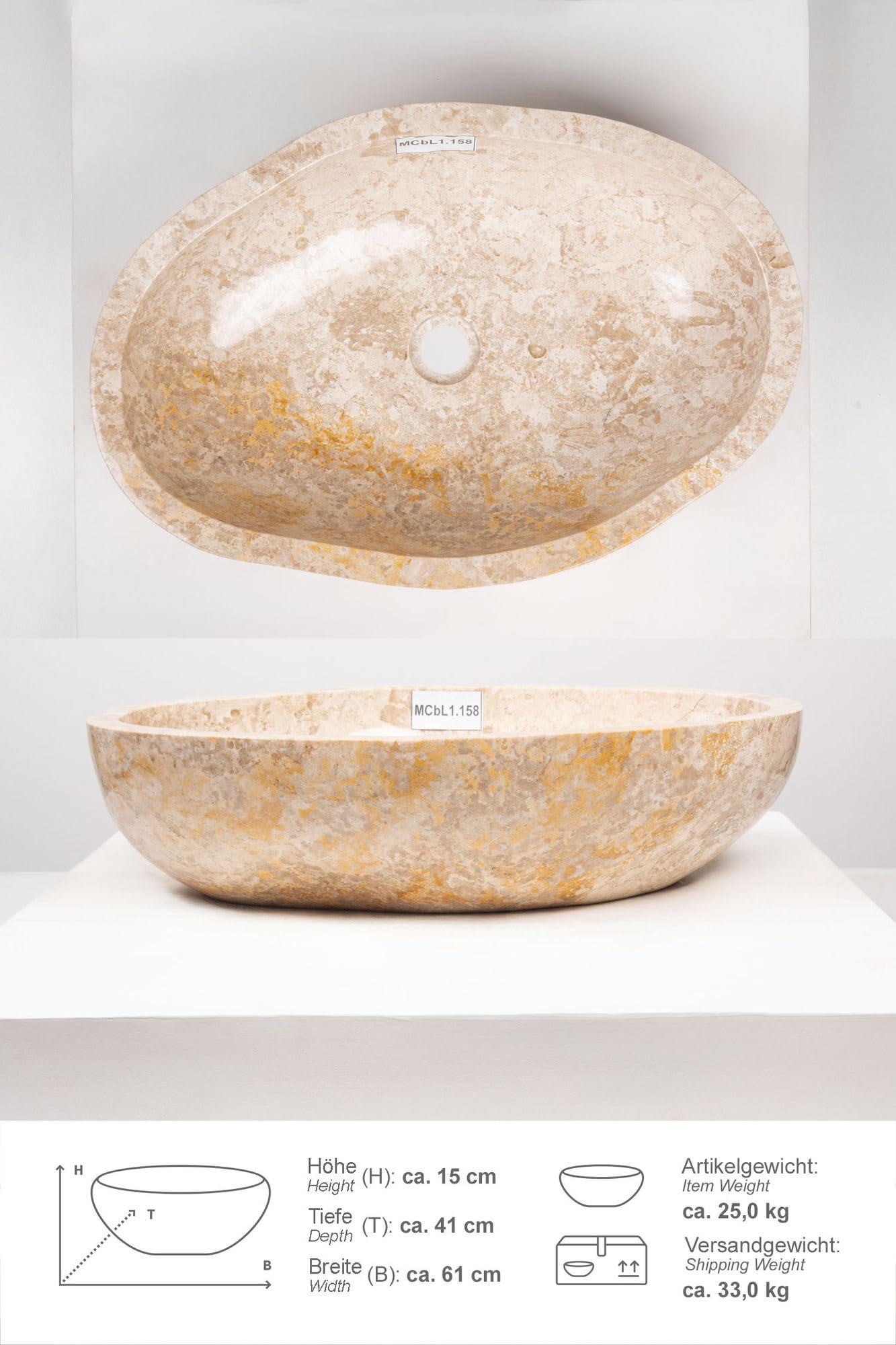 Marmor Aufsatz Waschbecken Erosi 60 cm creme poliert Naturstein Bad Wohnfreuden