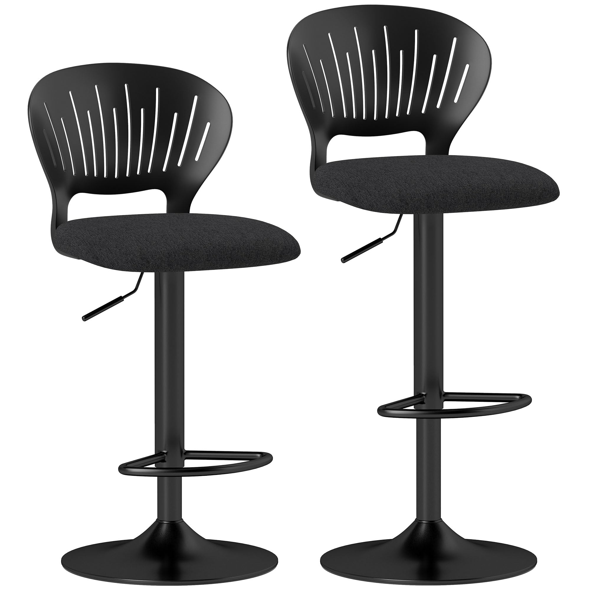 HOMCOM Lot de 2 tabourets de Bar réglables en Hauteur, tabourets de Cuisine Hauts en Tissu de Lin avec Dossier, Repose-Pieds et Assise Souple, Structure en métal, tabourets de Bar Hauts pivotant à