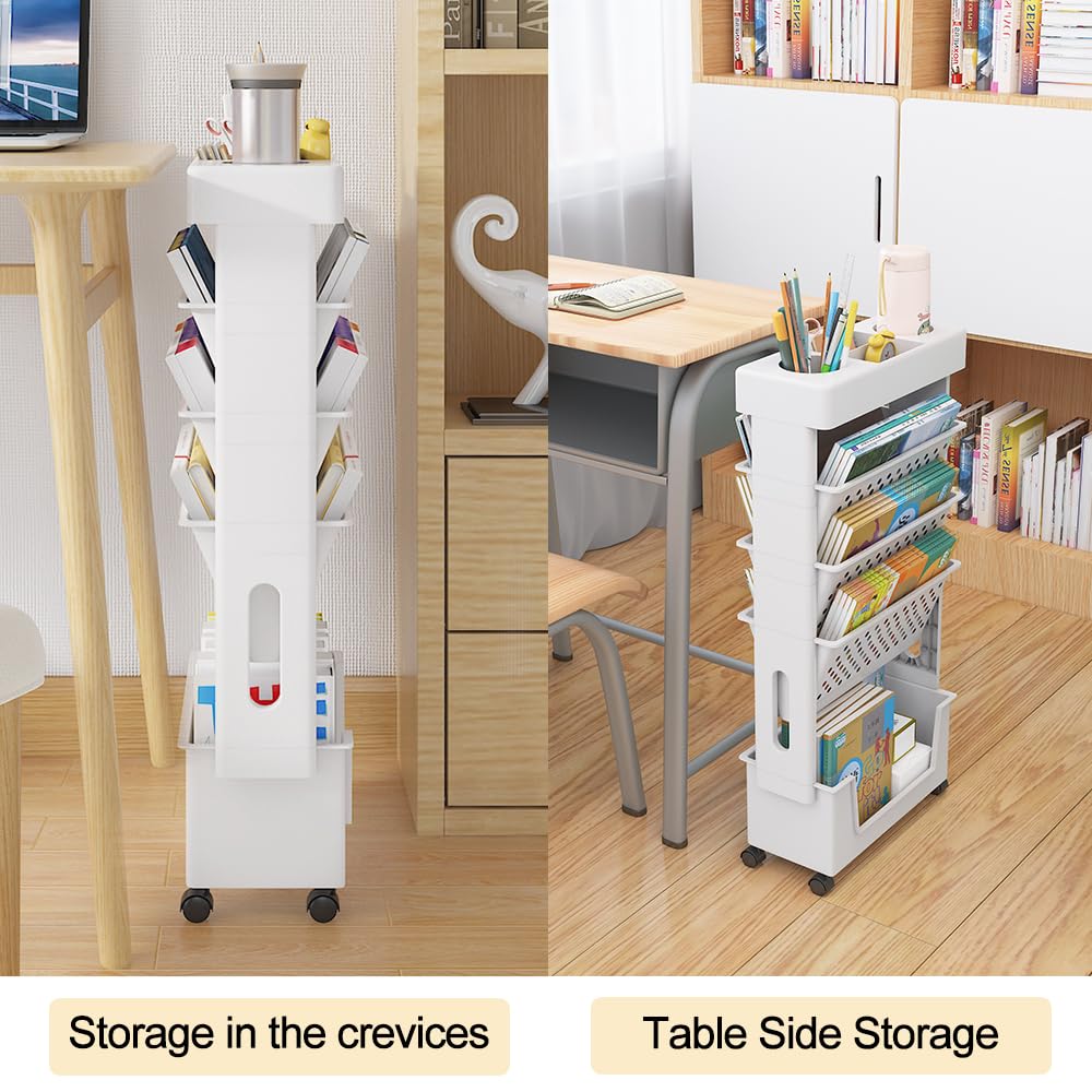 NUODWELL Librería móvil con rueda, gran capacidad, estante para revistas, carrito extraíble, organizador para niños, multiusos, para casa y escuela (blanco)
