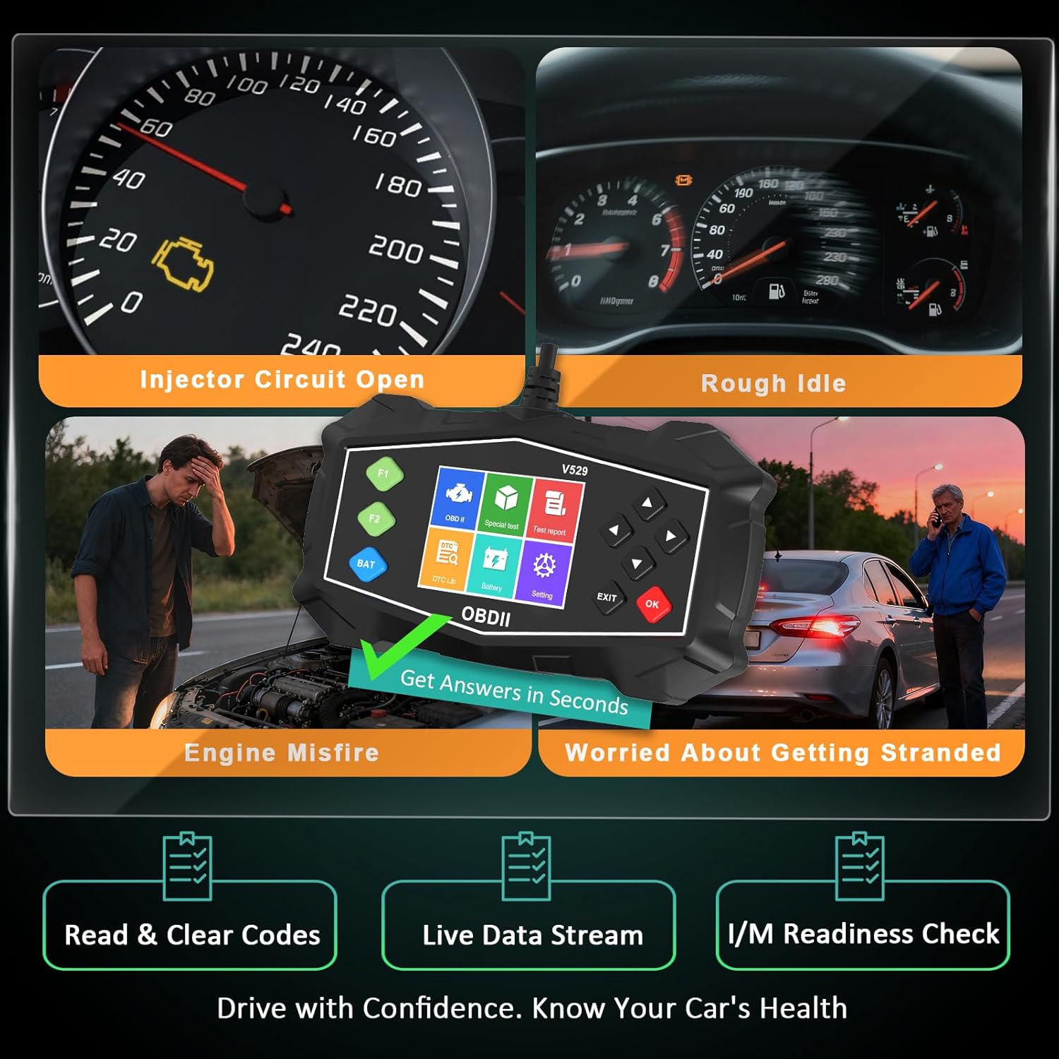 Diagnostic scenarios including Injector Circuit Open, Rough Idle, Engine Misfire, and a person worried about being stranded, with the SinoTrack V529 scanner providing answers.