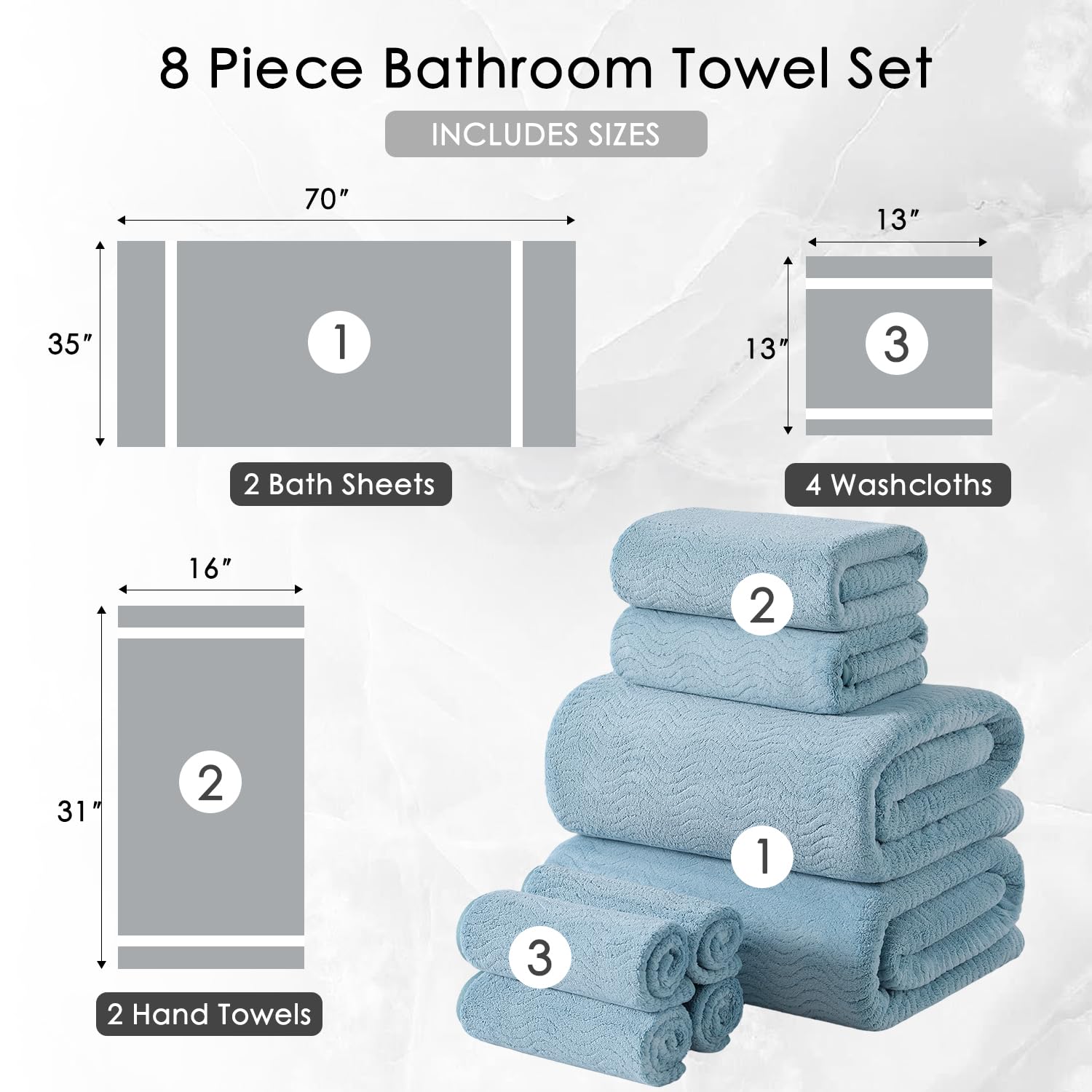 Juego De Toallas De Baño De 8 Piezas, 2 Toallas De Baño Grandes De Gran Tamaño