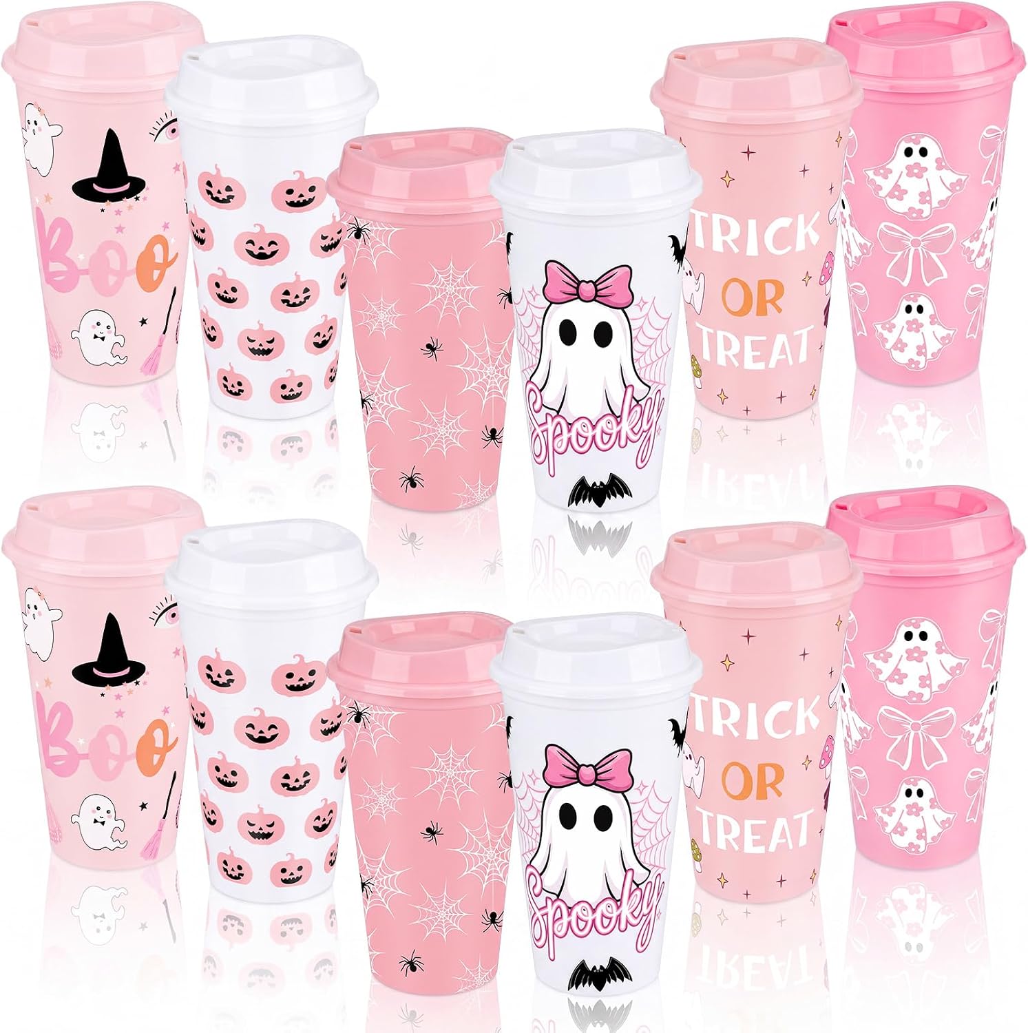 Pickmesh 12 Pack Halloween Pink Ghost Coffee Cups, 16 oz with Lid image 3