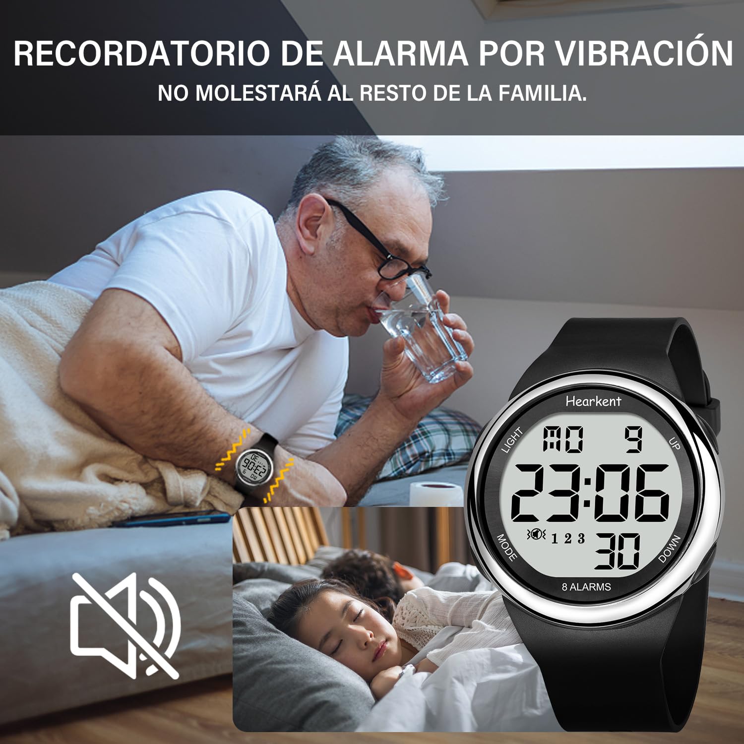 Hearkent Reloj de vibración con 8 alarmas para Personas Mayores | Reloj recordatorio de medicamentos para Personas sordas, recordatorio de alarmas(Negro)