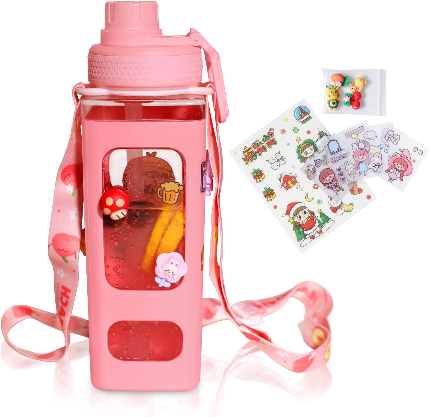 Kawaii Water Bottle for Girls,Cute Kids Water Bottles with Straw,700ml Portable LeakProof Bottle With Adjustable Shoulder Strap for School๏ผPink)