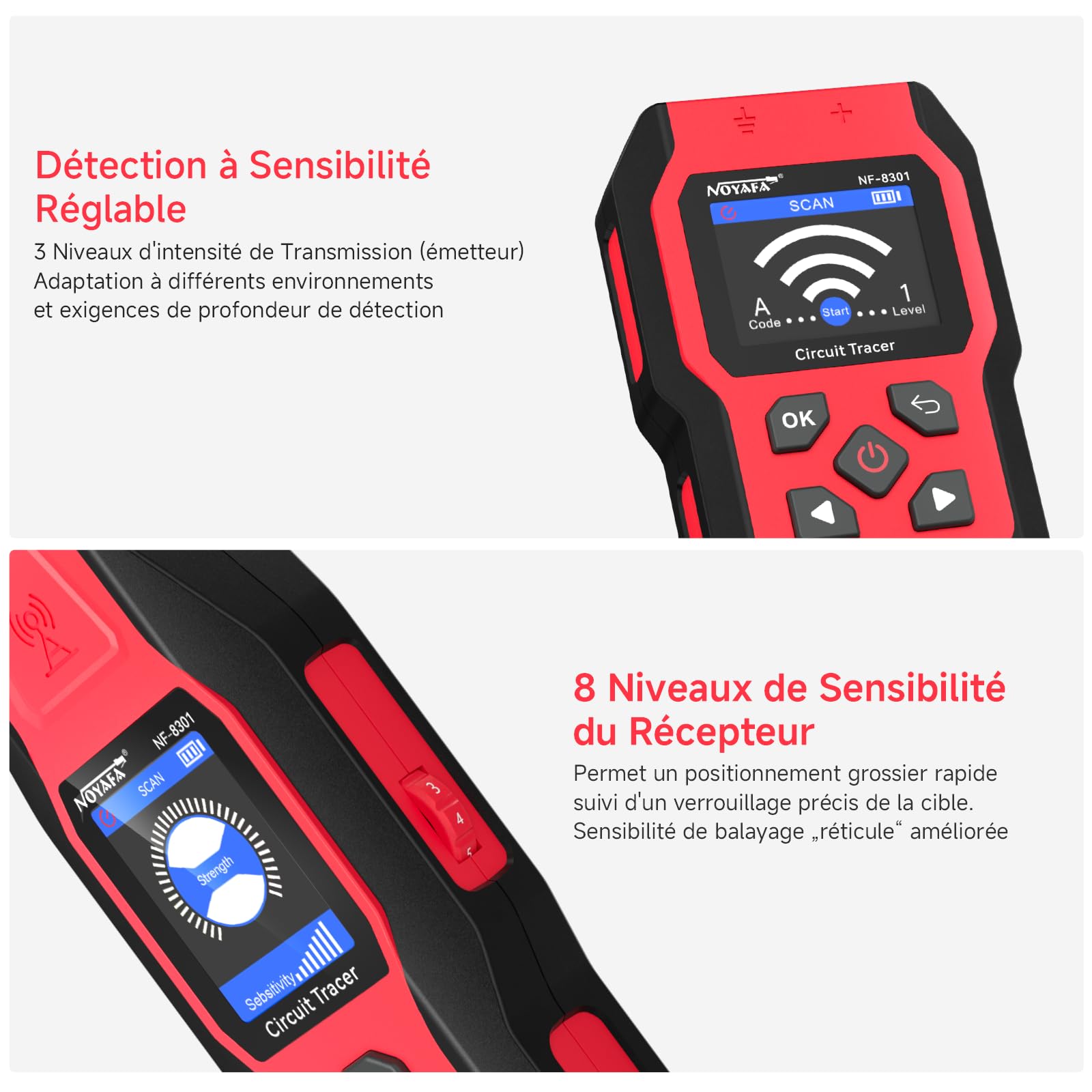 NOYAFA NF-8301 Détecteur de Circuit - Traceur de Câbles, Localisateur de Disjoncteur avec Multimètre Numérique, Sensibilité 8 Niveaux, Rechargeable, pour Fils Muraux et Souterrains