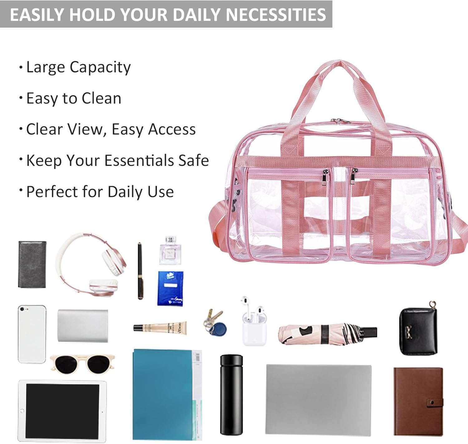 Enkrio Large Clear Tote Bag Clear Duffle Toiletry Bag with Zipper Transparent See Through Bag for Work Sports Gym Beach