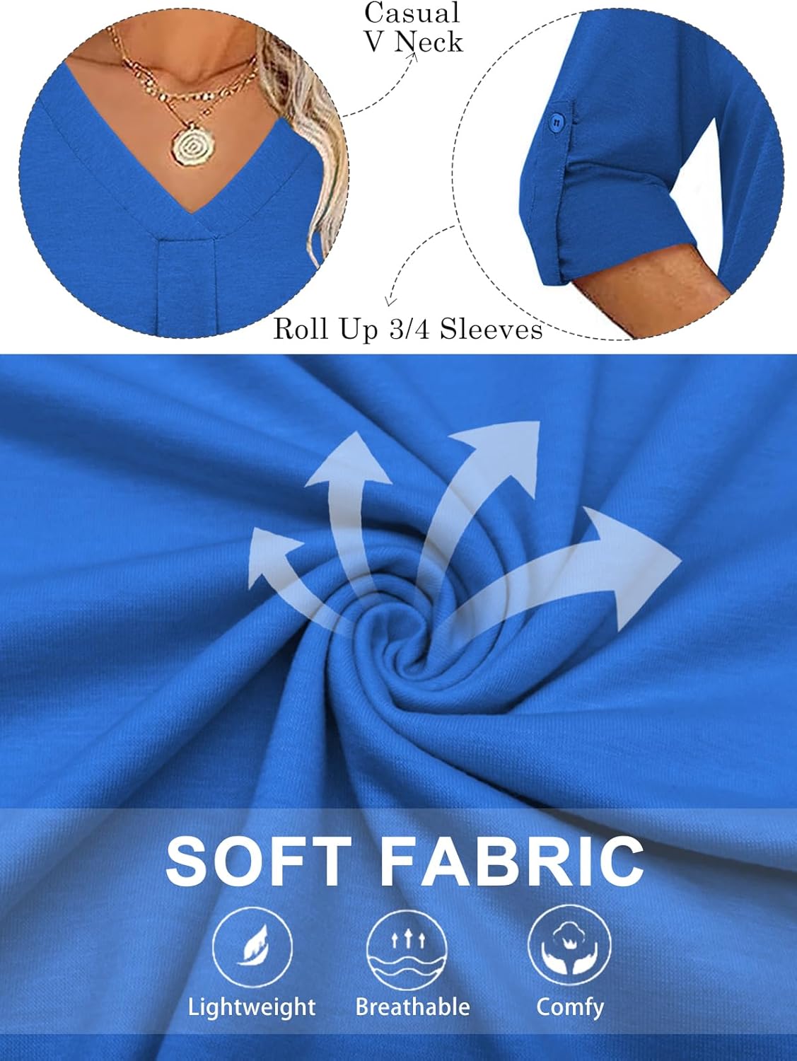 VISLILY Womens-Plus-Size-Dressy-Tops Casual V Neck T Shirts Cute Buttons Roll Up 3/4 Sleeves Tunics Flowy Pleated Blouses - Image 4