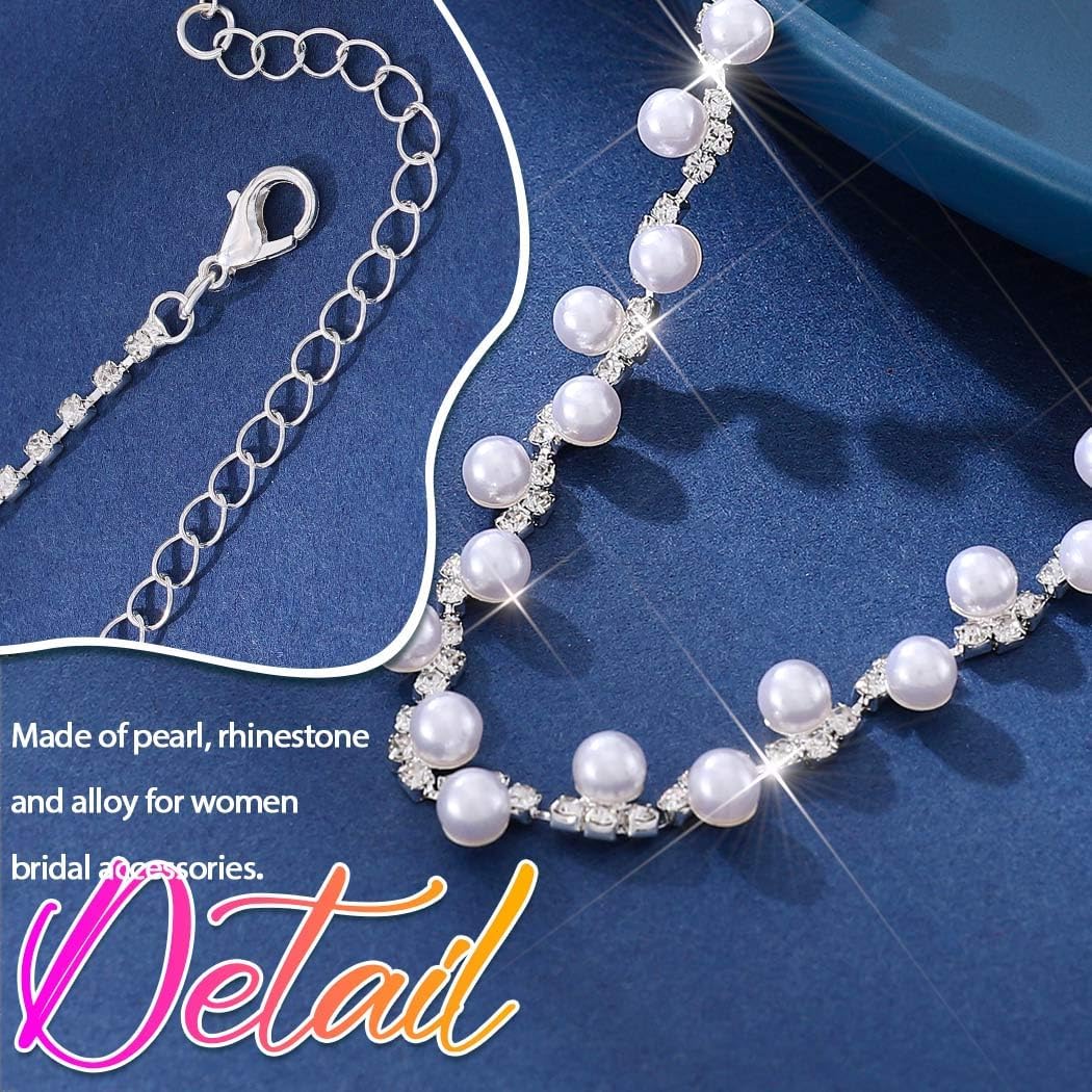 Aukmla Pearl Wedding Jewelry Sets Silver Rhinetsone Choker Necklace and Earring Bracelet Set Prom Jewelry for Brides and Women