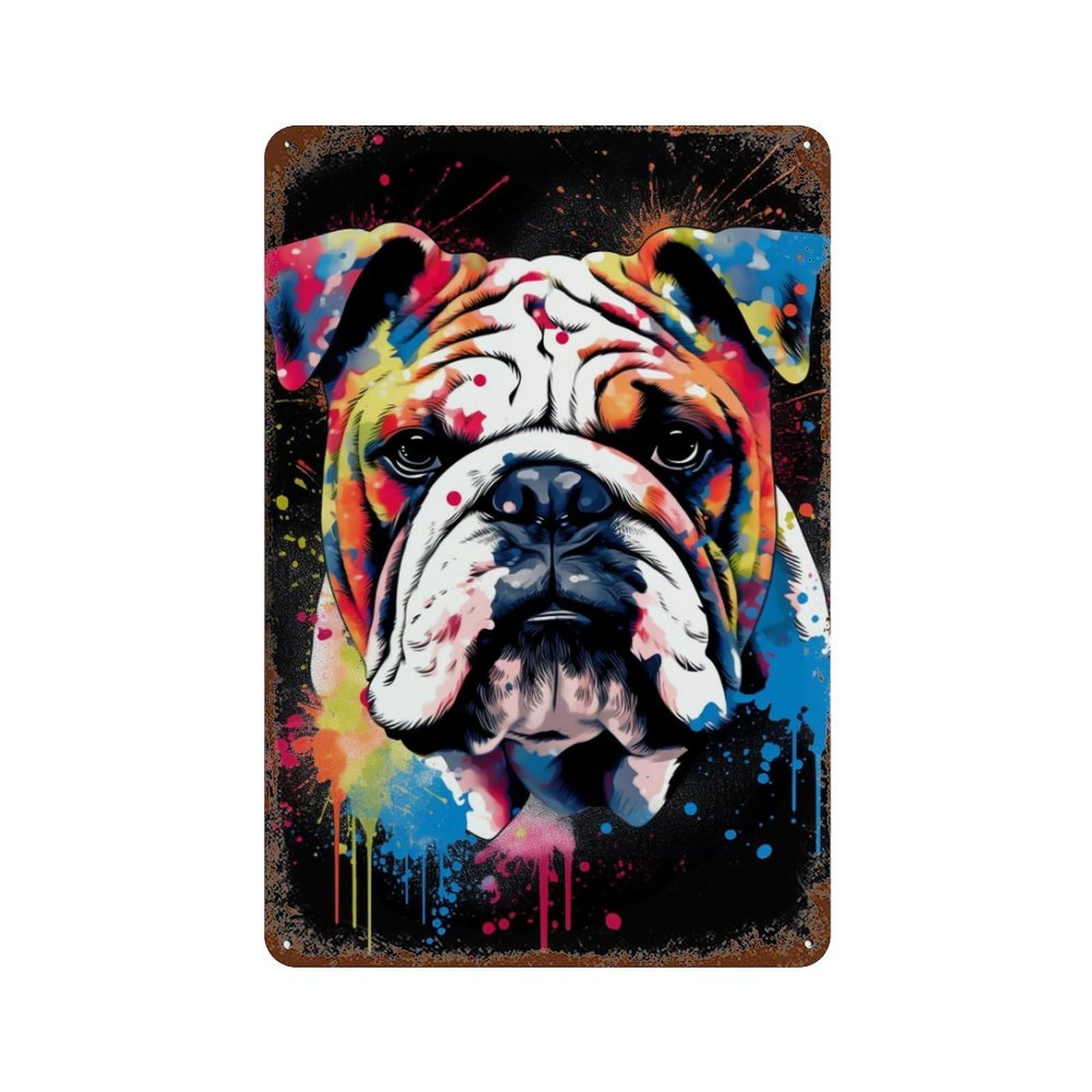 Colorful Bulldog Art Print-4 Rust Effect Tin Sign 11.8"x7.9", Rustic Home Decor for Cafe, Home Bar And Lounge Decor