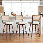 Swivel Counter Height Bar Stools Set of 3,Mid Century Modern Barstools with Rattan Back,27 inch Seat Height Solid Wood Kitchen Island Stools,Brown Faux Leather Upholstery Bar Chairs