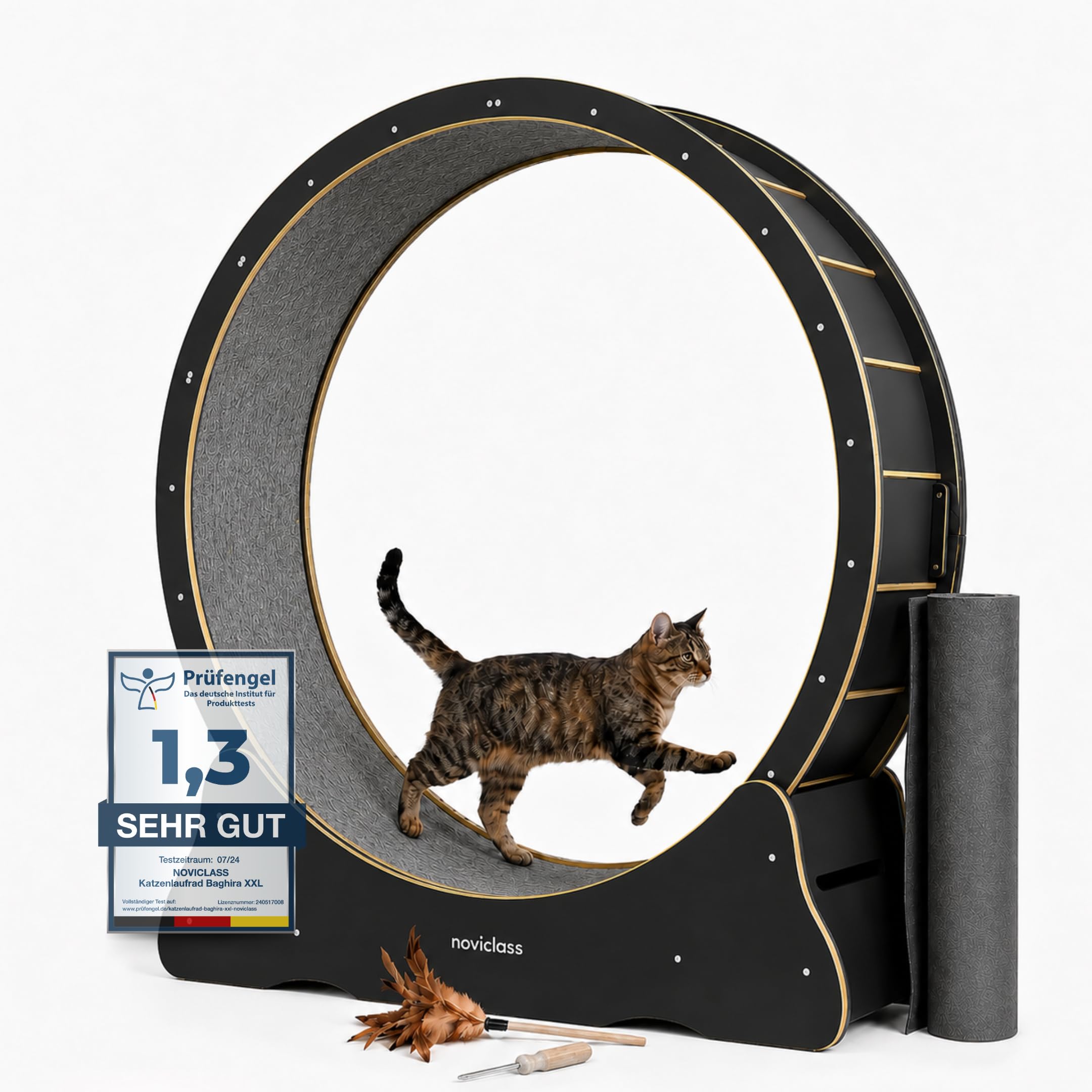 Katzenlaufrad Baghira Groß XXL | 132 cm Durchmesser für alle Katzen | Inklusive Anti-Vibrationsmatte | Kurzfloriger Teppich in 2 Farben zur Auswahl (Schwarz mit grauem Teppich)