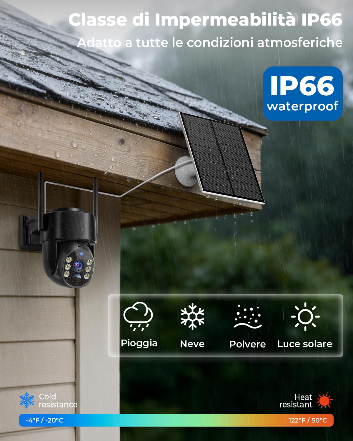 WESECUU Telecamera WiFi Esterna senza Fili Solare 2.5K 4MP con Pannello Solare 5W, Wi-Fi 2.4G e 5GHz, Registrazione Continua 24/7, Batteria 8000mAh, Monitoraggio Automatico PTZ a 360°, IP66, PIR
