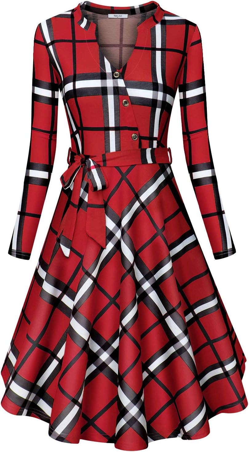Diphi LiLi Women's V Neck Dresses Long Sleeve Botton Down Shirt Vintage Plaid Dress (Red and Black, XX-Large)