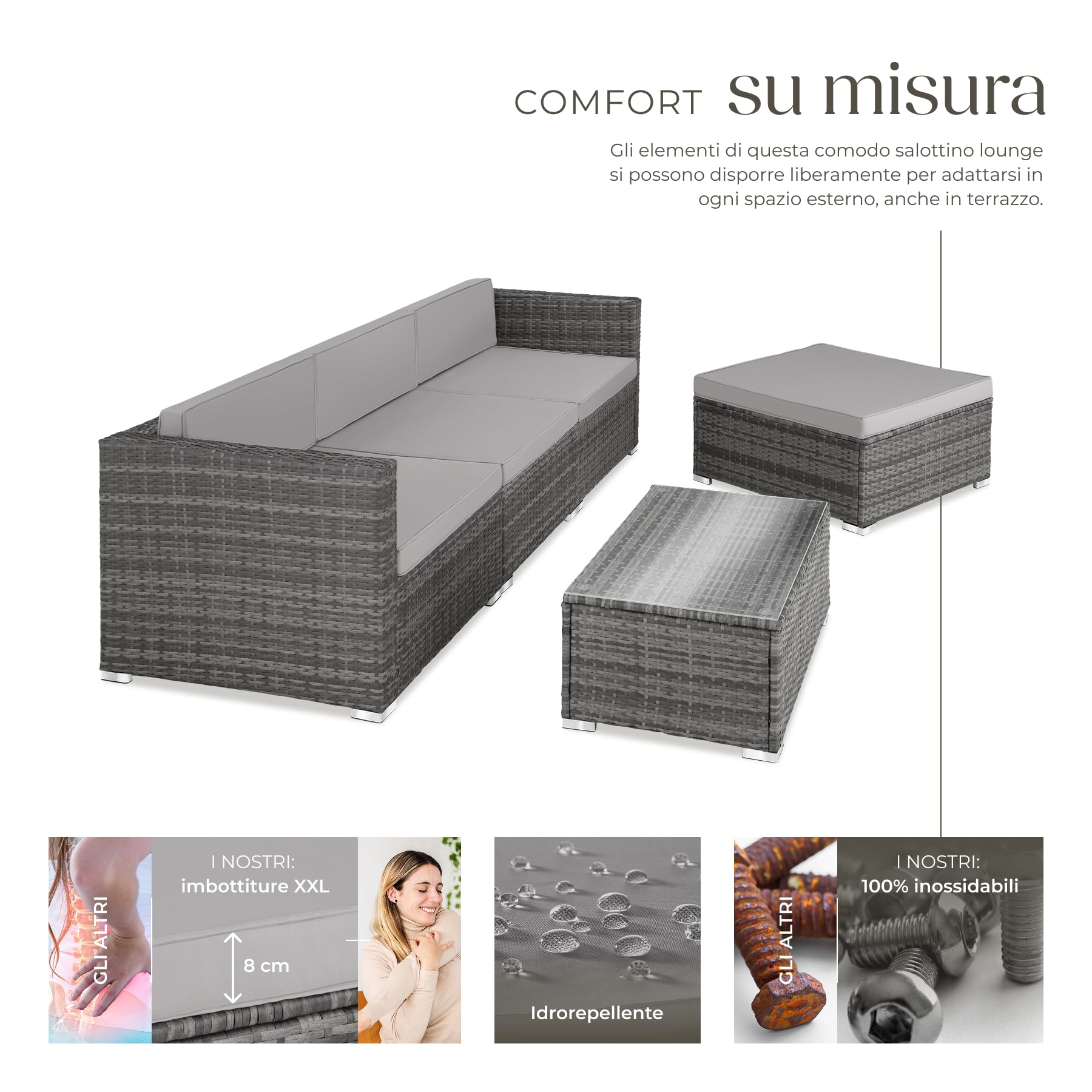 Tectake Salottino in Rattan Firenze Set Giardino 3 Poltrone 1 Pouf Tavolo Cuscini 8cm Grigio
