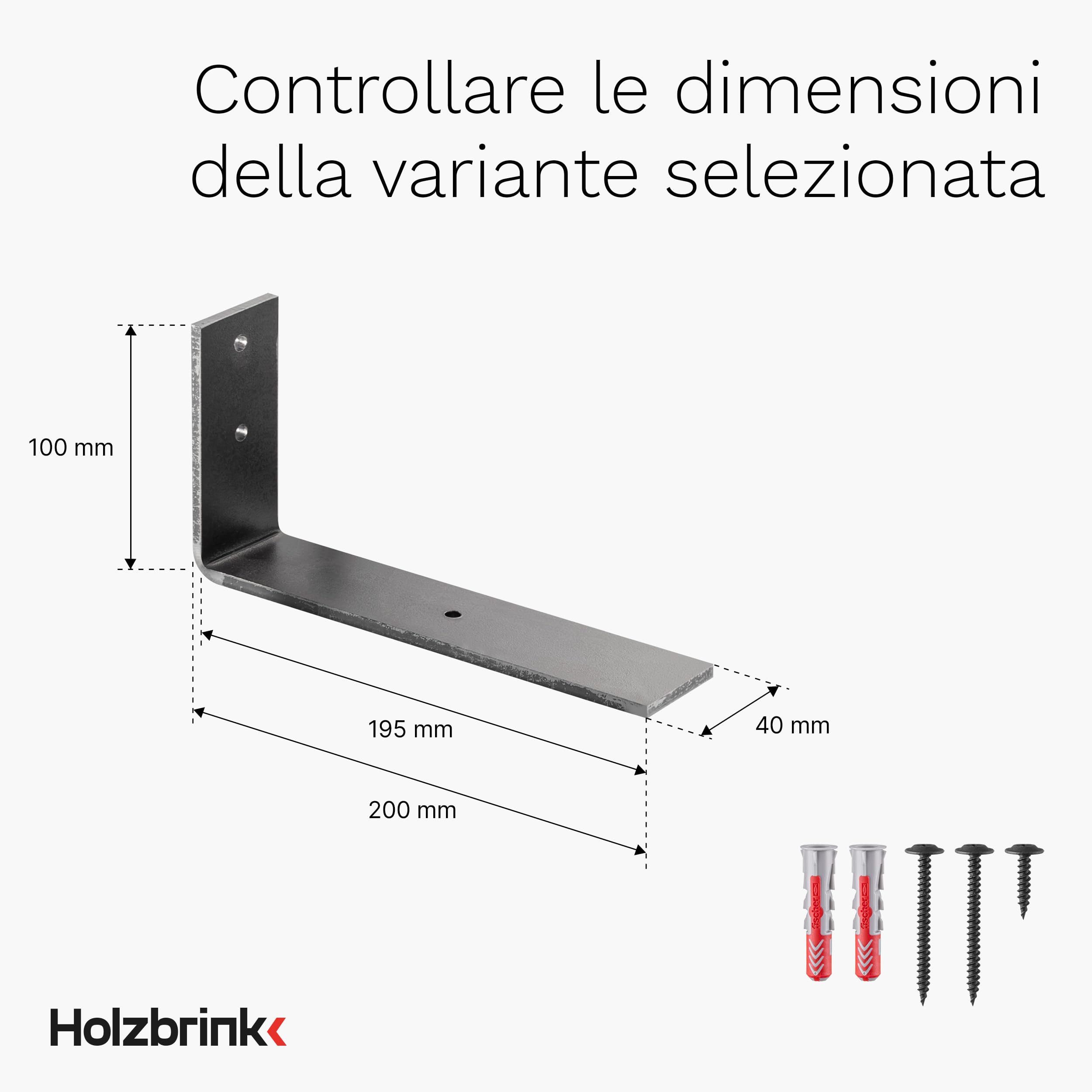 HOLZBRINK Staffa reggi mensola in metallo, supporto per mensole da parete, mensola fai-da-te, supporto, Acciaio Grezzo Laccato 200x100x40 mm, 10 pezzi, HLR-L-200-0000