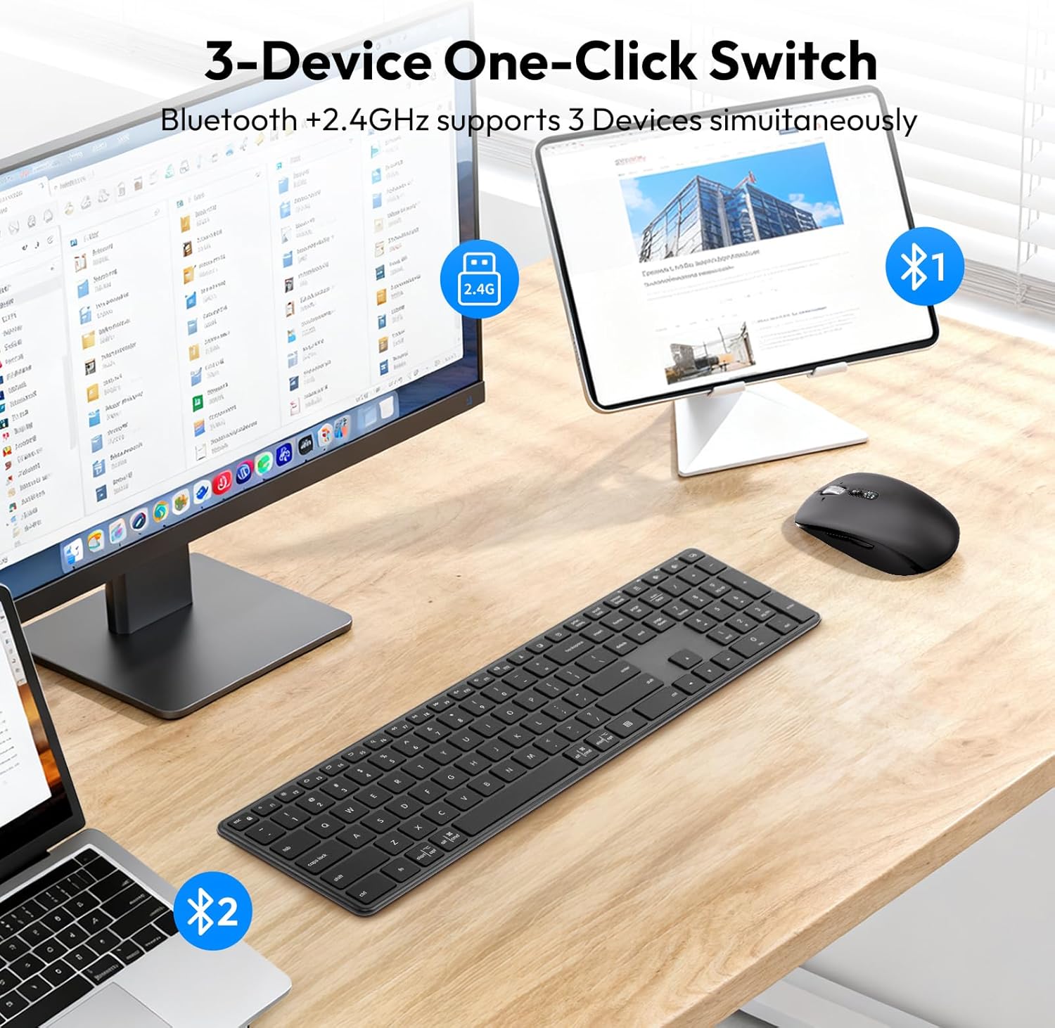 M9250 Wireless Keyboard Mouse Combo,Scissors Mechanism QWERTY Silent Wireless Bluetooth Keyboard and Ergonomic Mouse Set for Windows, iOS, Android, Computer Desktop PC Laptop iPad