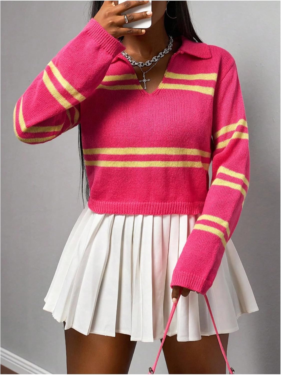 Women's Collared Striped Cropped Sweaters Long Sleeve Pullover Sweaters Fall Jumper - Image 4