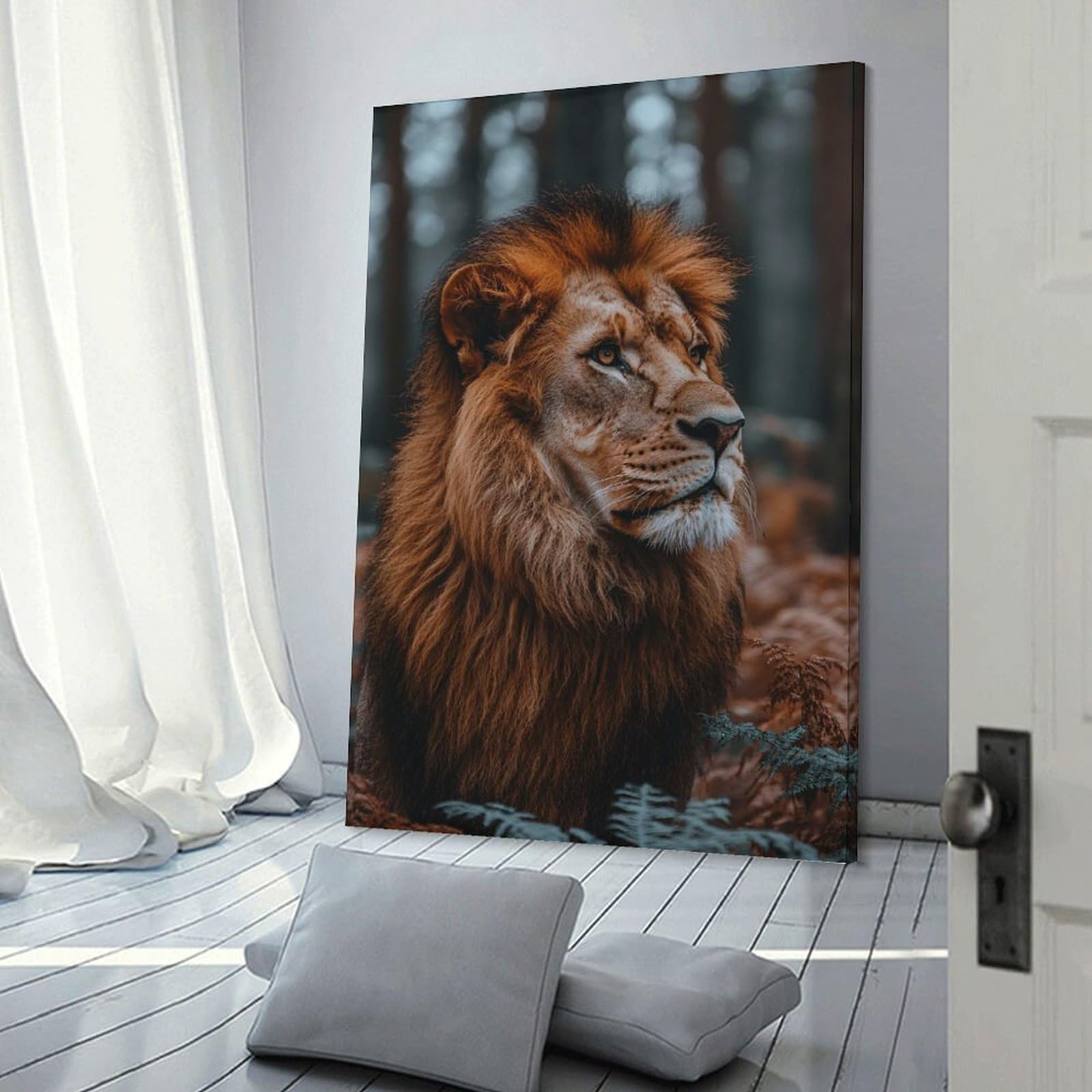 Junmoney Frame-Style-20 Canvas Art Print Majestic Lion Portrait In Natural Setting, 24X36inch(60X90cm), For Calm Bedrooms, Home Corners Or Flats, A Warm Accent For Relaxed Interiors