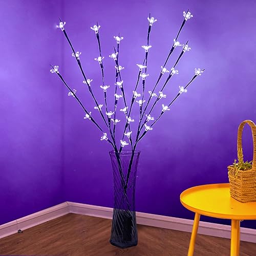 PheiLa Paquete de 2 ramas de flores de cerezo con 20 luces LED que funcionan con pilas, ramas de cerezo para decoración de jarrones para interiores,