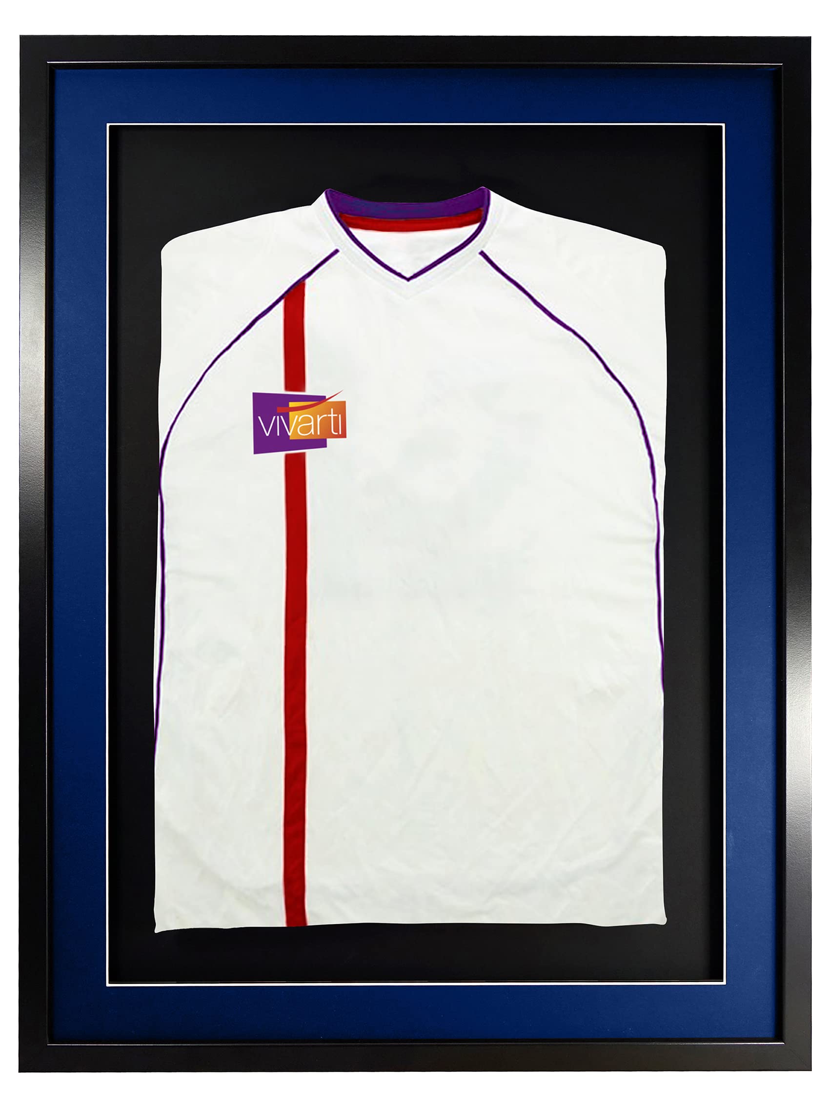 Vivarti DIY Junior - Marco de exhibición deportivo montado en 3D para fútbol, rugby, camiseta de banda, caja de sombra, 50 x 70 cm, marco negro, soporte azul, tarjeta trasera negra