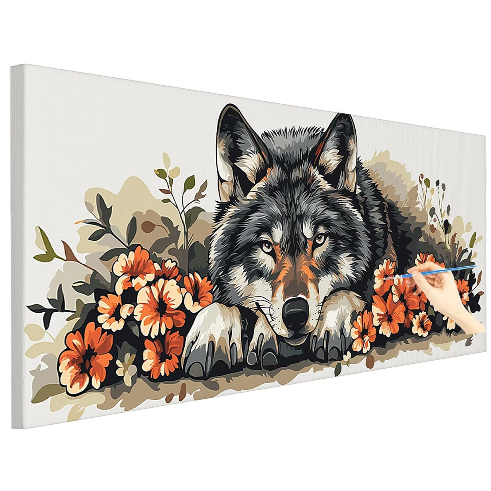 Wilk do malowania po numerach, dla dorosłych, duże, 120 x 50 cm, kwiaty, do malowania po numerach, zestawy do malowania po numerach, wesołe zestawy do malowania dla dorosłych, DIY, farby akrylowe