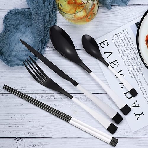 Miniatura 7 de AARAINBOW Juego de cubiertos de acero inoxidable de 7 piezas, portátil, reutilizable, juego de utensilios de viaje, incluye palillos, cuchillo,