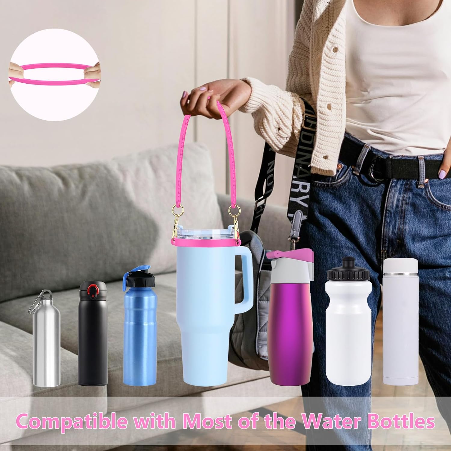 Valentine's Day Water Bottle Handle Strap, Lover Strap Cord Compatible with Stanley Cups, Silicone Carrier Bottle Accessories Fits Most 8-40oz Bottles - Image 2