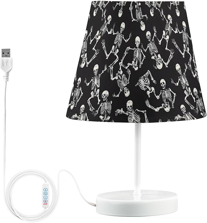 ALAZA Skeleton Sugar Skull Black Decor Bedside Table Lamp with USB Port 3 Color Temperatures LED Desk Lamp for Bedroom Office M