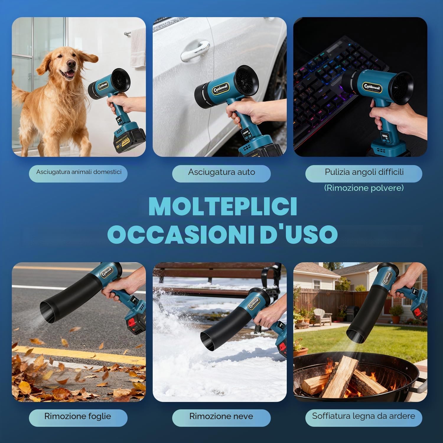 CGOLDENWALL Soffiatore a Batteria 21V, Soffiatore Foglie con 2 Batterie da 4.0 Ah, Motore da 60000 giri/min, 4 Velocità Regolabili, Portatile per Giardino, Patio, Auto e Pulizia della Neve