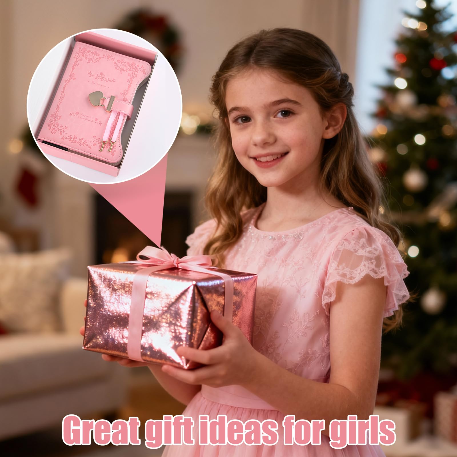Diario con lucchetto per ragazze, set regalo con lucchetto a forma di cuore | Taccuino con bordo dorato, 360 pagine, con penna a sfera e segnalibro, idea regalo per ragazze 8-13 anni