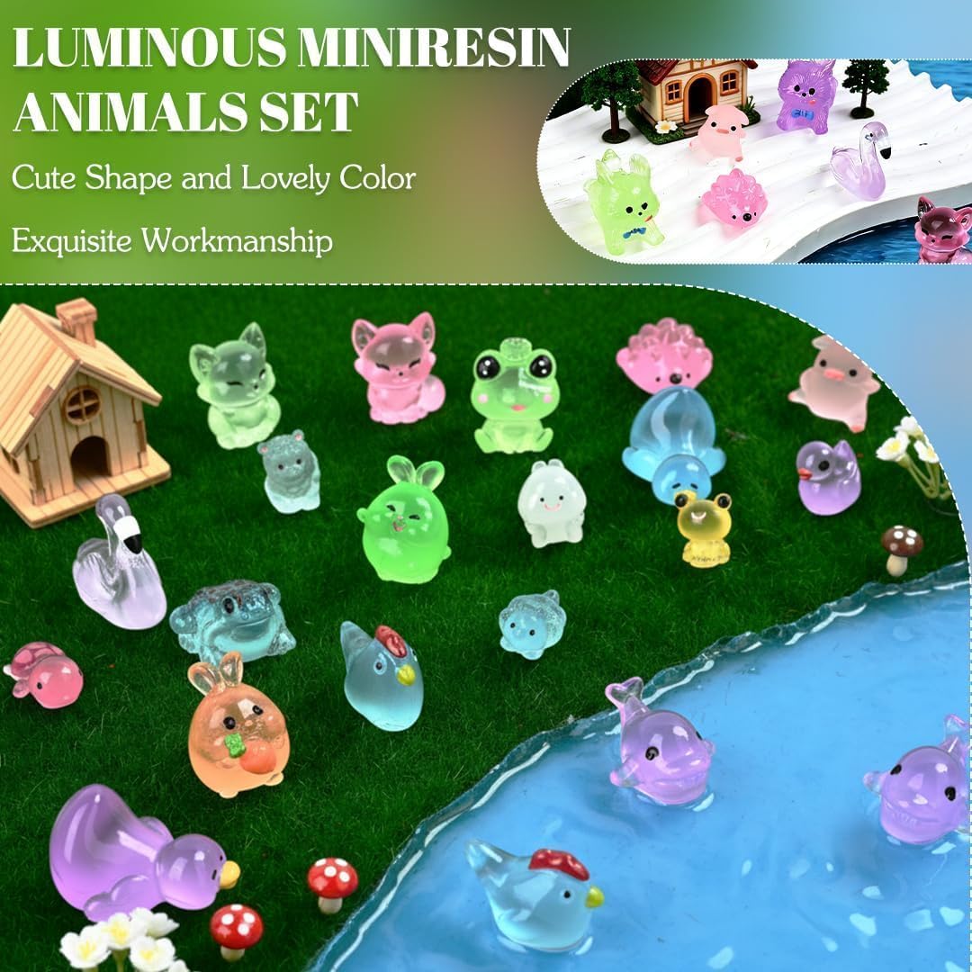 200PCS Glow in The Dark Mini Resin Animals Bulk Variety Pack - 200 Styles Tiny Miniature Figures for Fairy Garden, Dollhouse, Aquarium Decor, Hide and Seek, Crafts