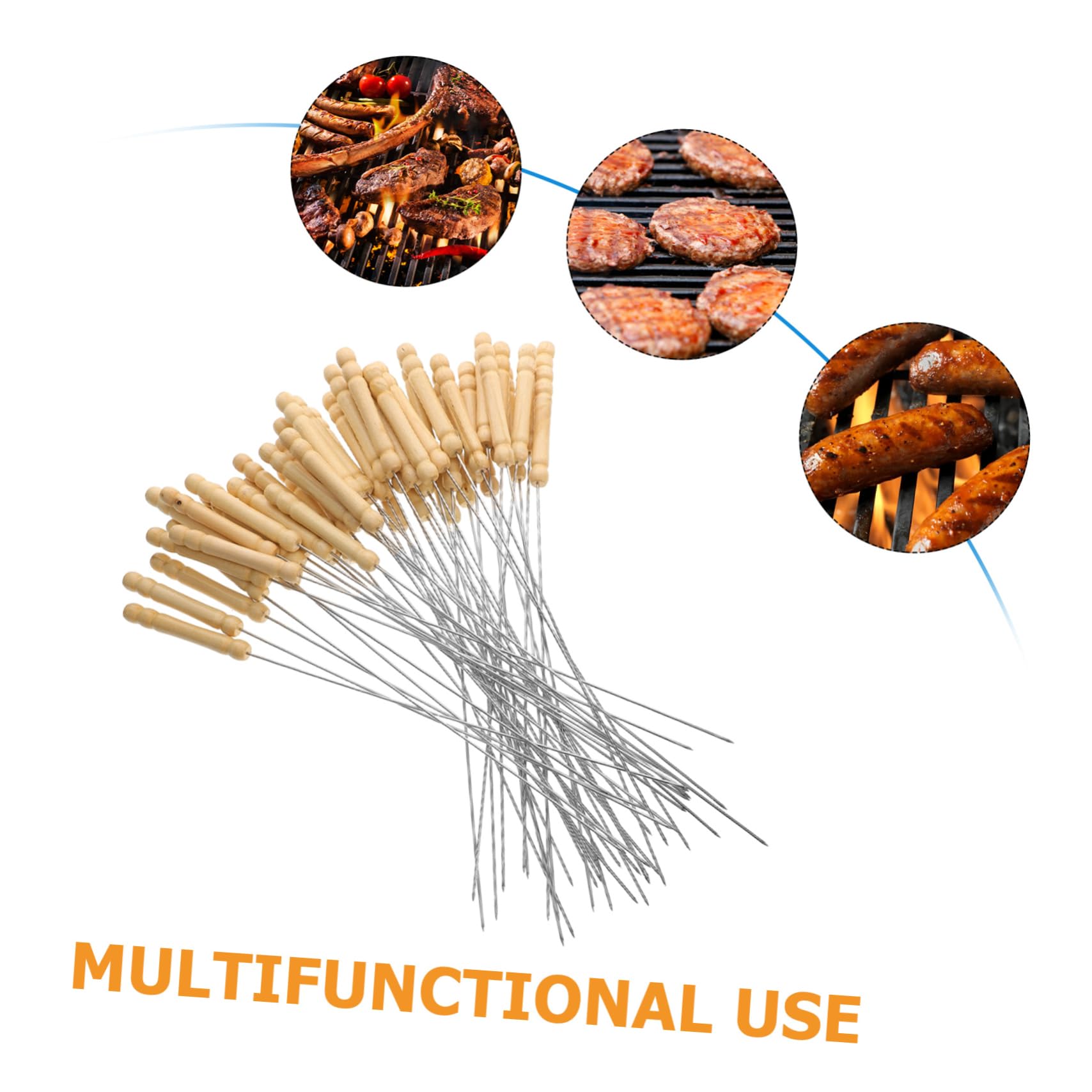 Brochetas de Acero Inoxidable para Asar 50 Piezas con Mango de Madera | Plata, Reutilizables y Resistentes al Óxido, 33cm, Uso en Bbq y Grilling, Forma Redonda