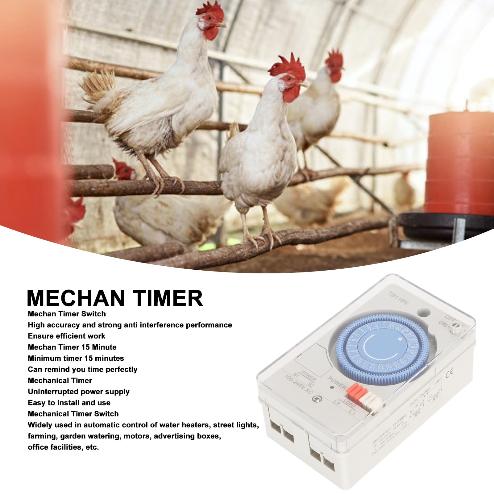 BORDSTRACT TB118N Mechanischer Zeitsteuerungsschalter, 15 Minuten minimaler mechanischer Timer 100 240 V AC für die Heimküche im Freien
