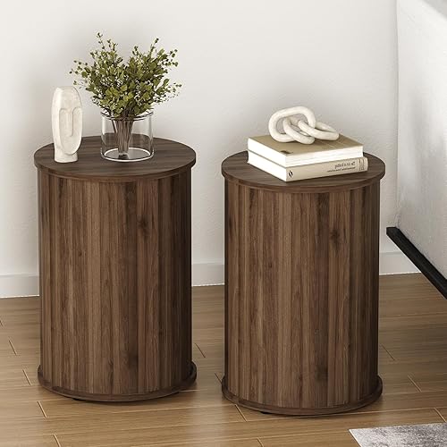 Miniatura 8 de Mesa auxiliar redonda acanalada para sala de estar, moderna mesa auxiliar de madera para sofás y espacios pequeños, mesa de noche de 21.9 pulgadas