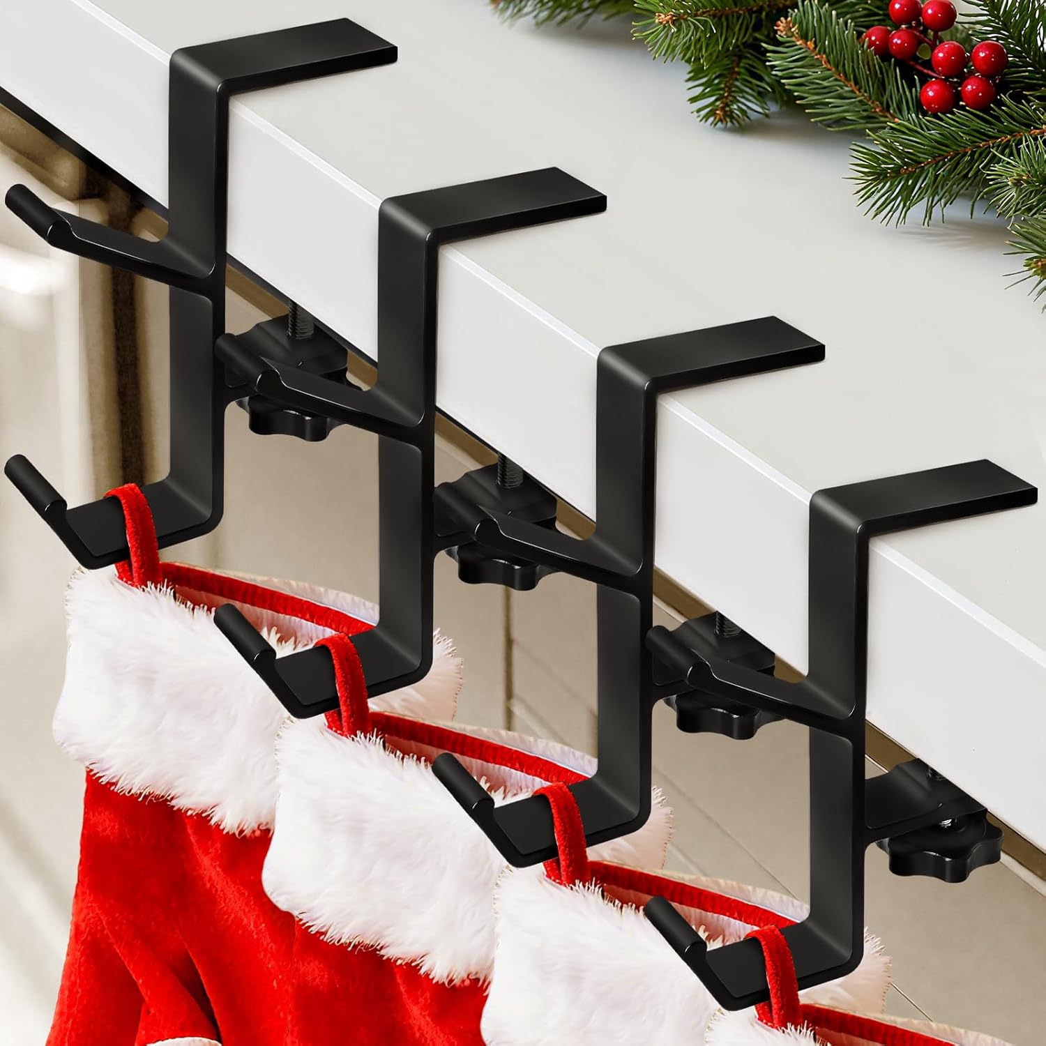 4 Pack Stocking Holders for Mantle, Garland Hangers for Mantle, Fireplace Stocking and Garland Hanger, No Drilling Required, Adjustable, Metal, Black