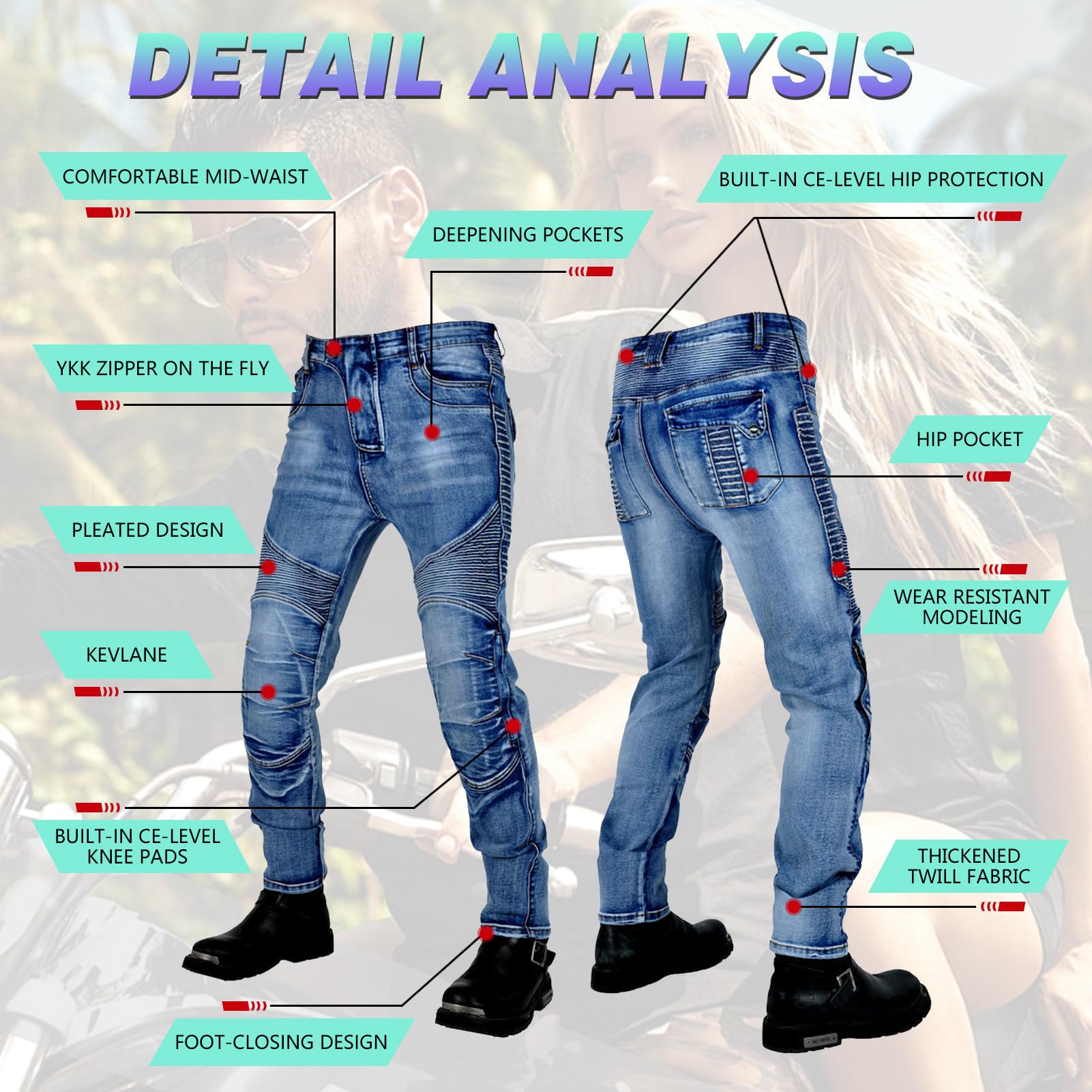 Pantaloni Moto Uomo/Donna con Protezioni, Jeans Moto Uomo/Donna Elasticizzati con Copertura Protettiva di Seconda Generazione, Marchio CE